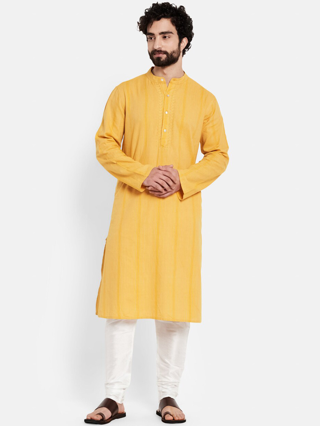

Fabindia Men Yellow Embroidered Thread Work Kurta