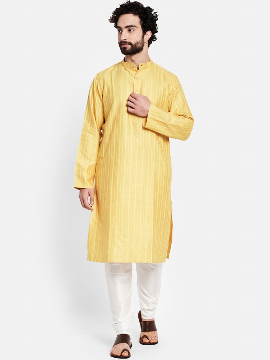 

Fabindia Men Yellow Striped Thread Work Kurta