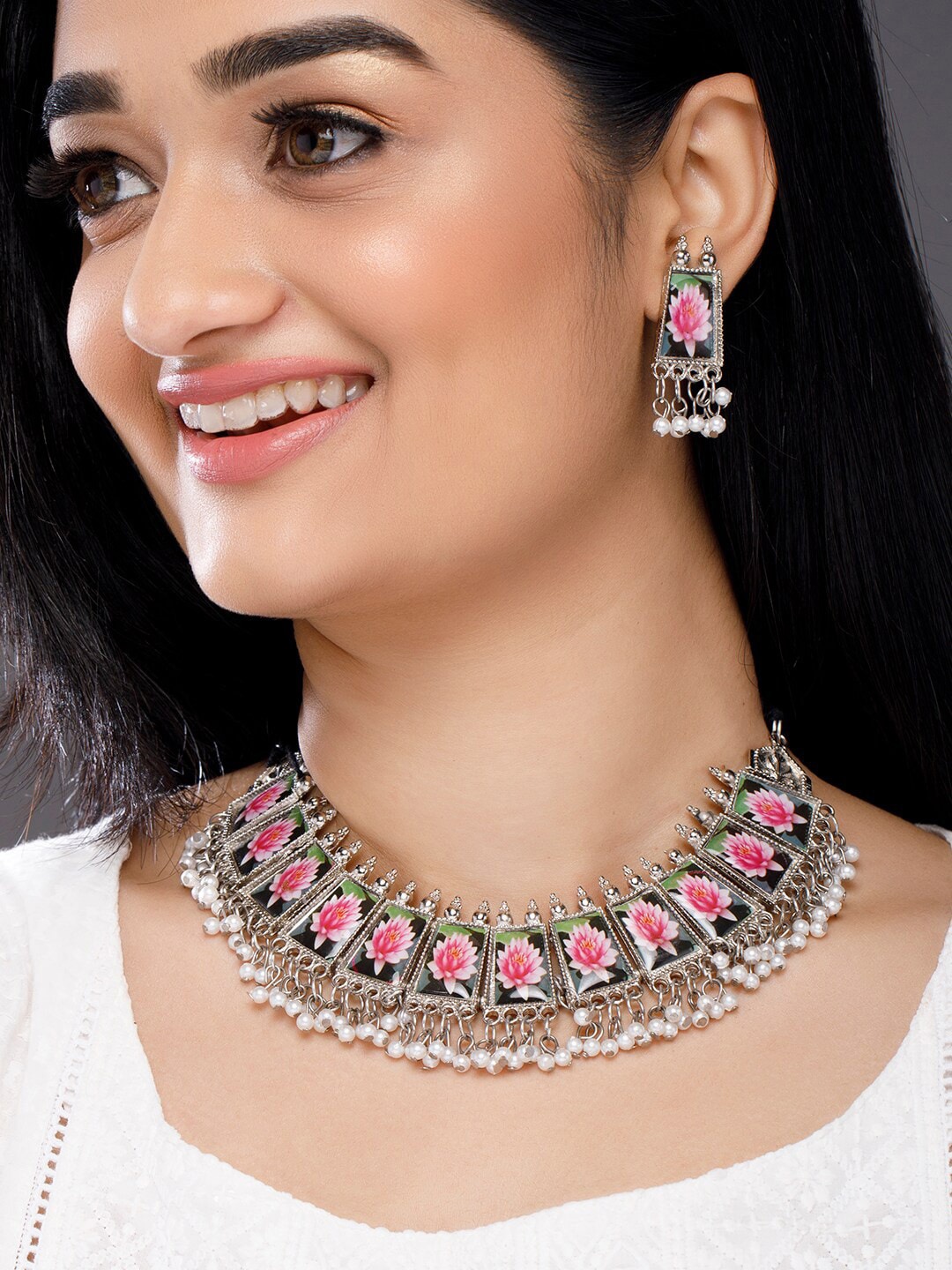

Rubans Women Silver-Plated Green & Pink Floral Printed Beaded Jewellery Set