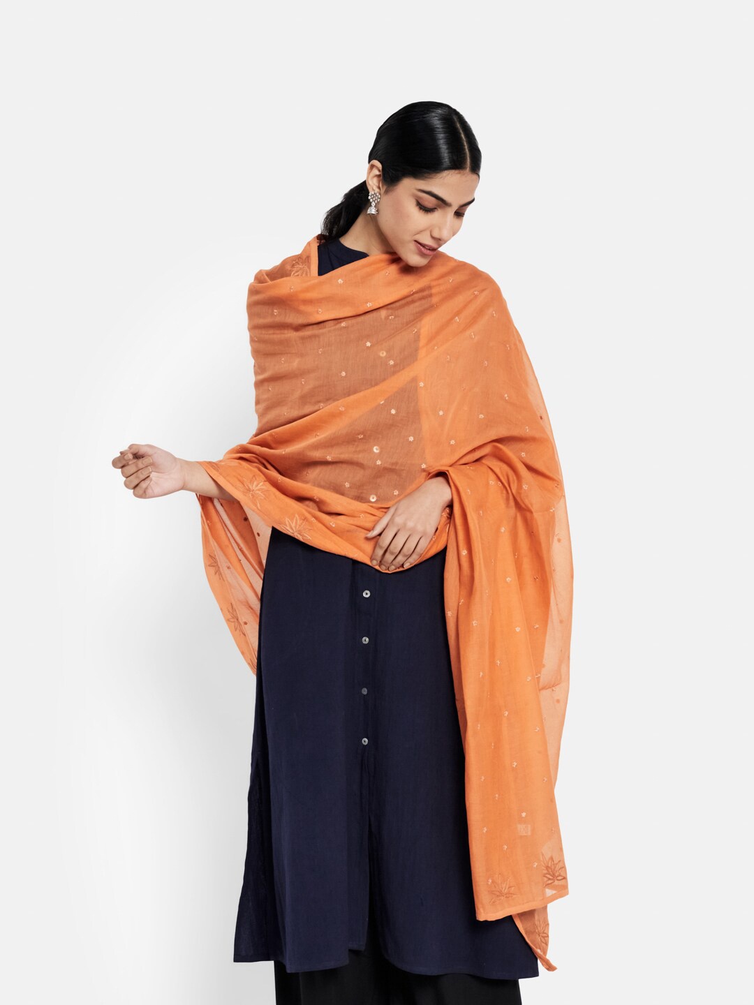 

Fabindia Orange Embroidered Cotton Silk Dupatta