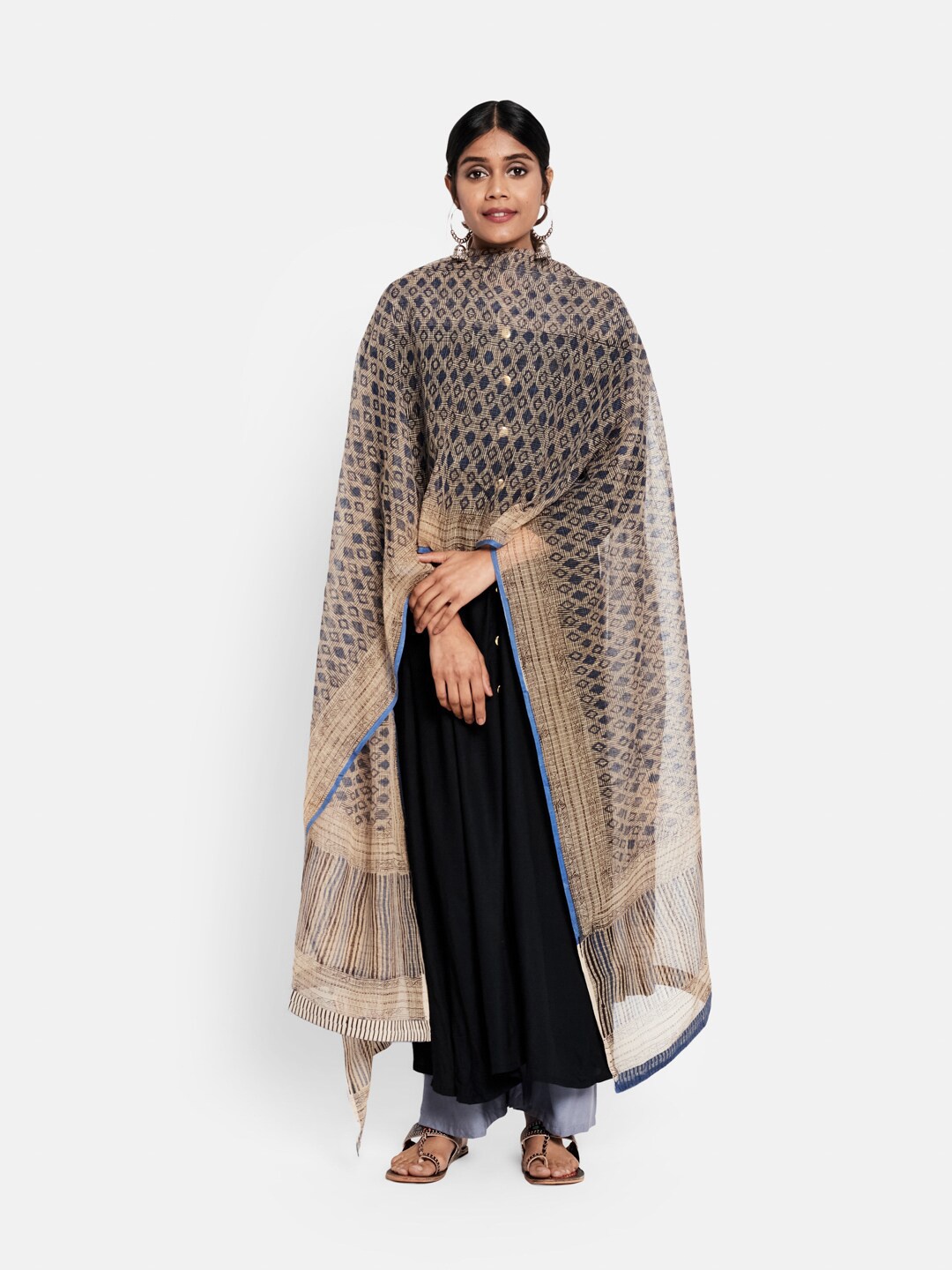 

Fabindia Navy Blue & Brown Printed Cotton Silk Block Print Dupatta with Zari