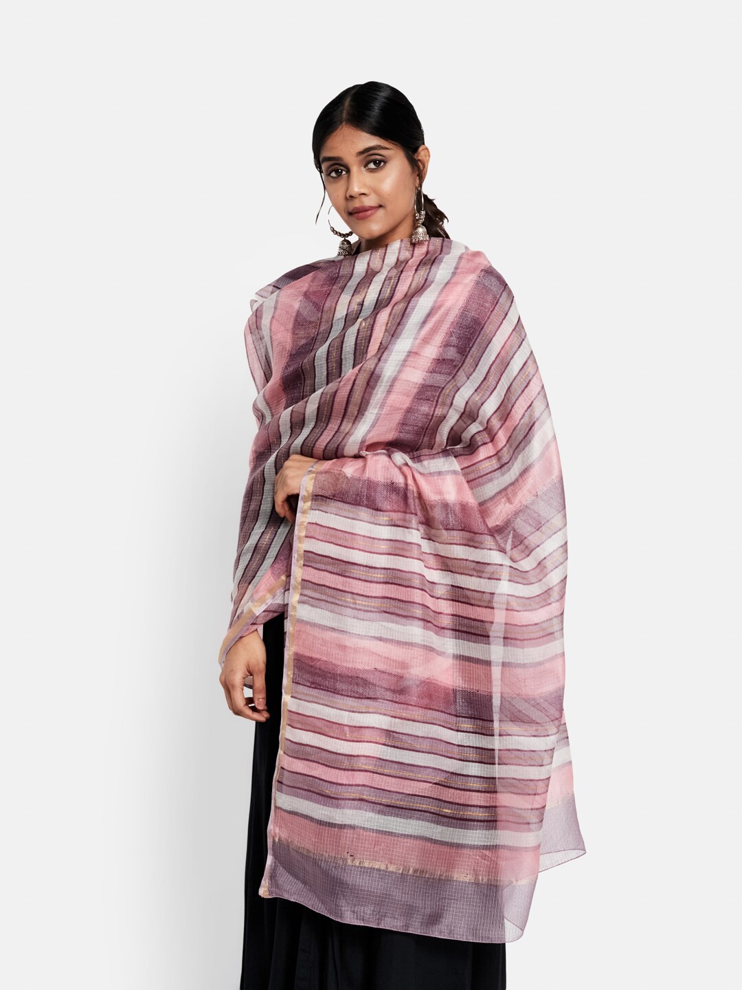 

Fabindia Lavender & Pink Striped Pure Silk Block Print Dupatta