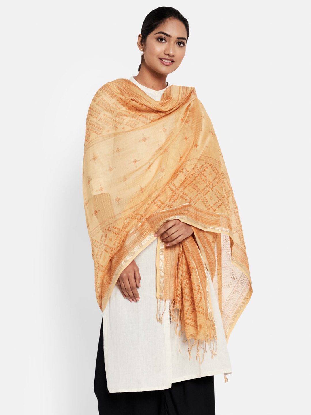 

Fabindia Yellow & Orange Hand Block Printed Cotton Silk Dupatta with Zari