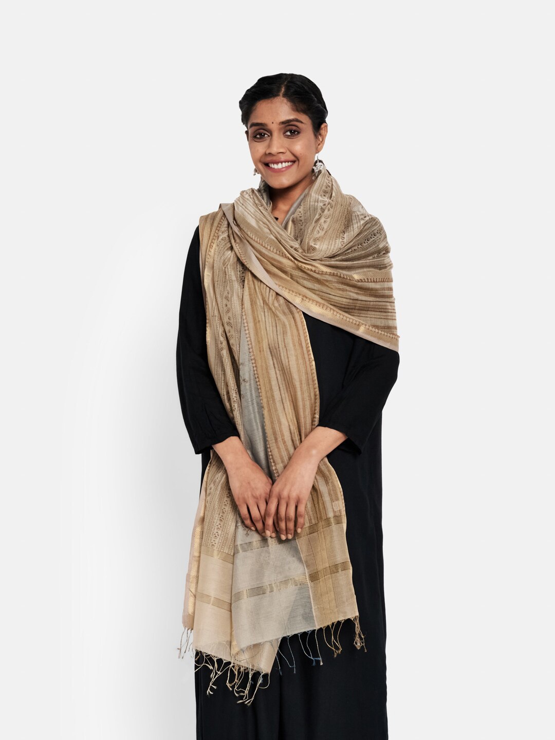

Fabindia Beige Printed Cotton Silk Block Print Dupatta with Zari