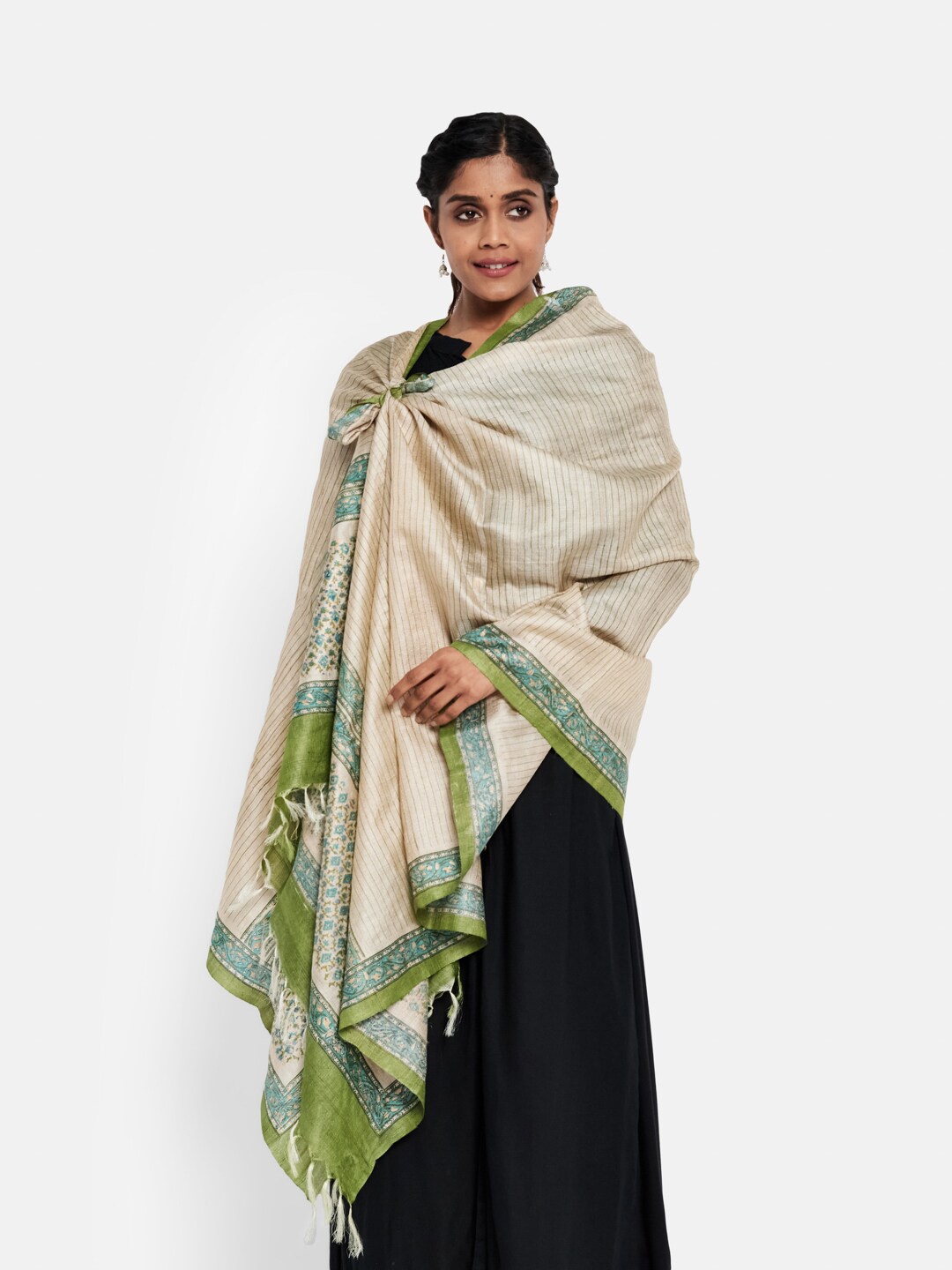 

Fabindia Green & Beige Printed Pure Silk Block Print Dupatta