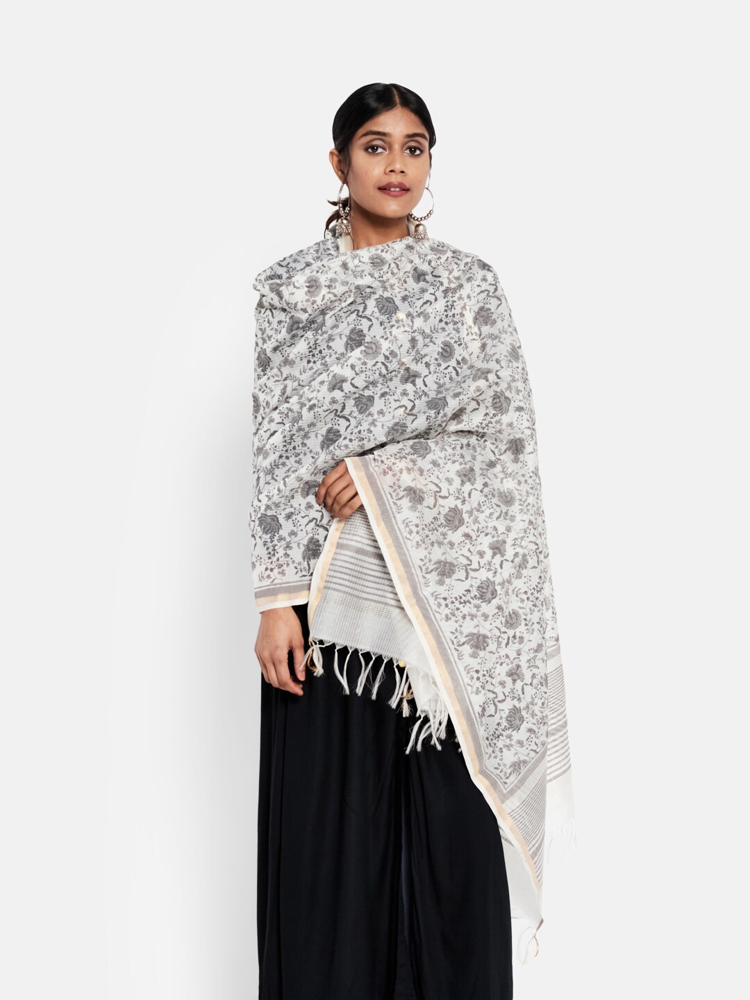 

Fabindia Grey & White Printed Cotton Silk Block Print Dupatta with Zari