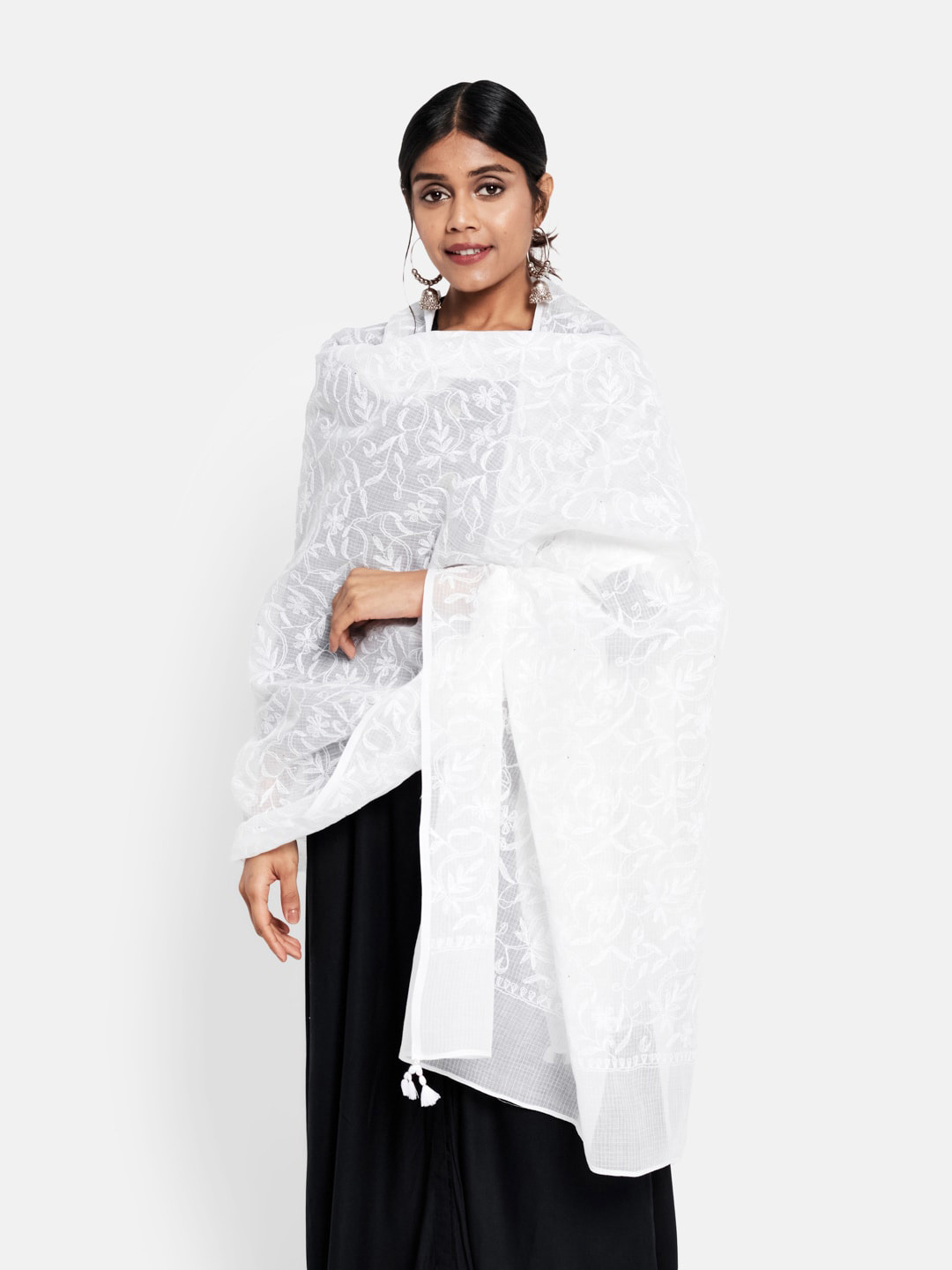 

Fabindia White Embroidered Cotton Silk Dupatta with Chikankari