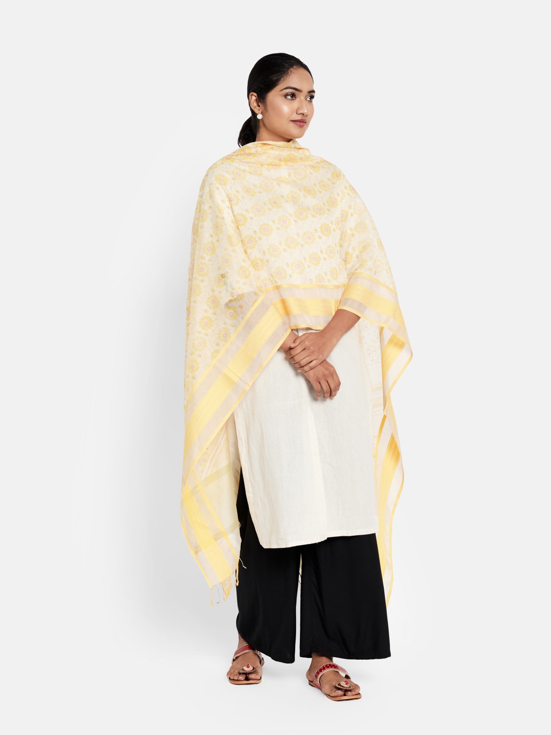 

Fabindia Yellow & White Woven Design Cotton Silk Dupatta