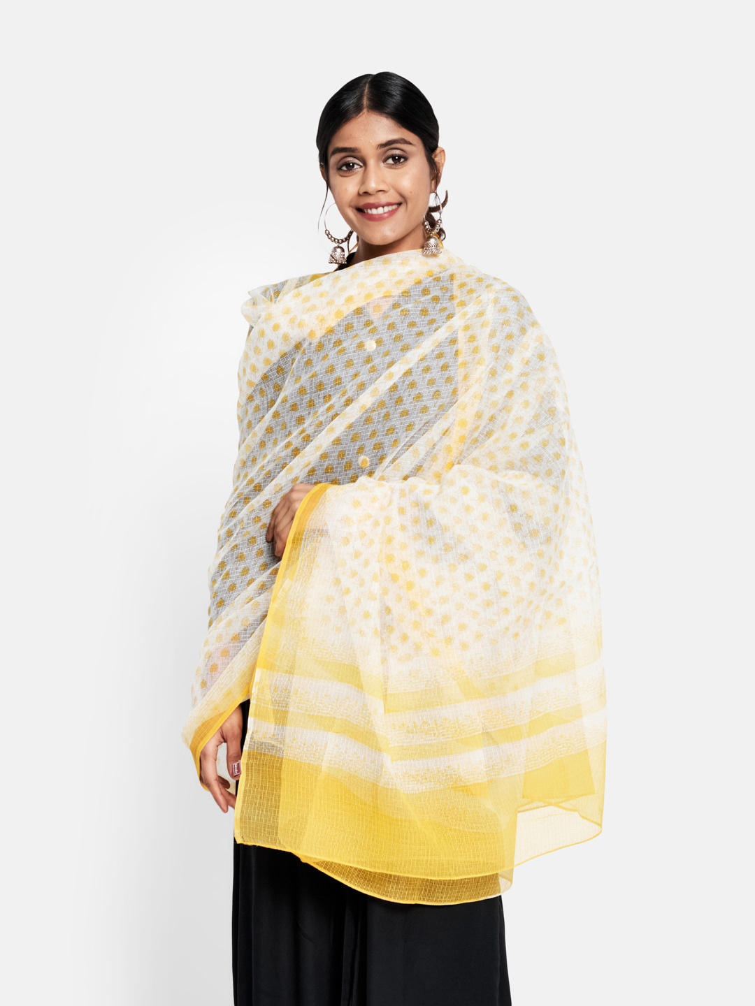 

Fabindia Yellow & Cream-Coloured Printed Cotton Silk Block Print Dupatta