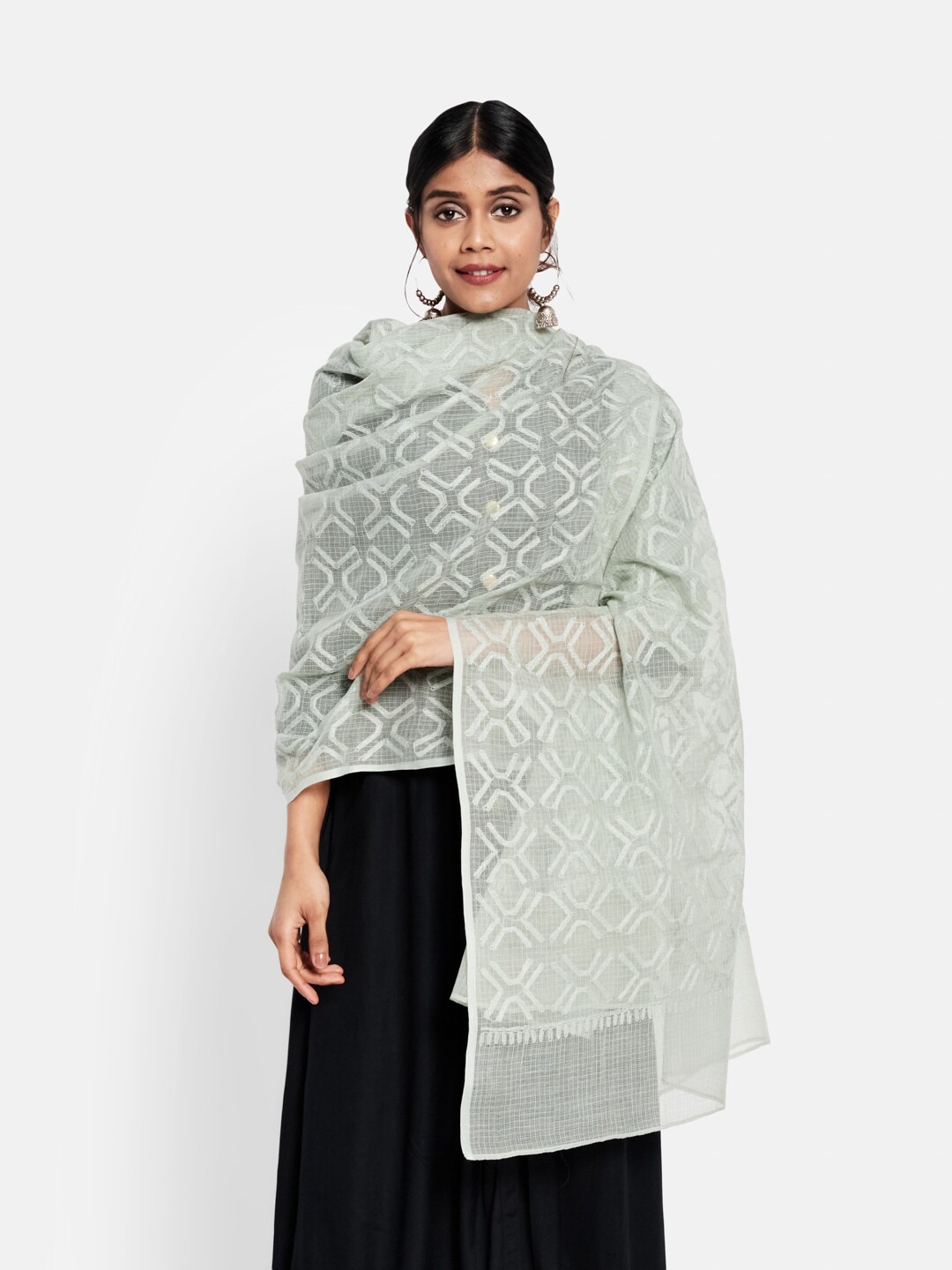 

Fabindia Green Chikankari Embroidered Cotton Silk Dupatta