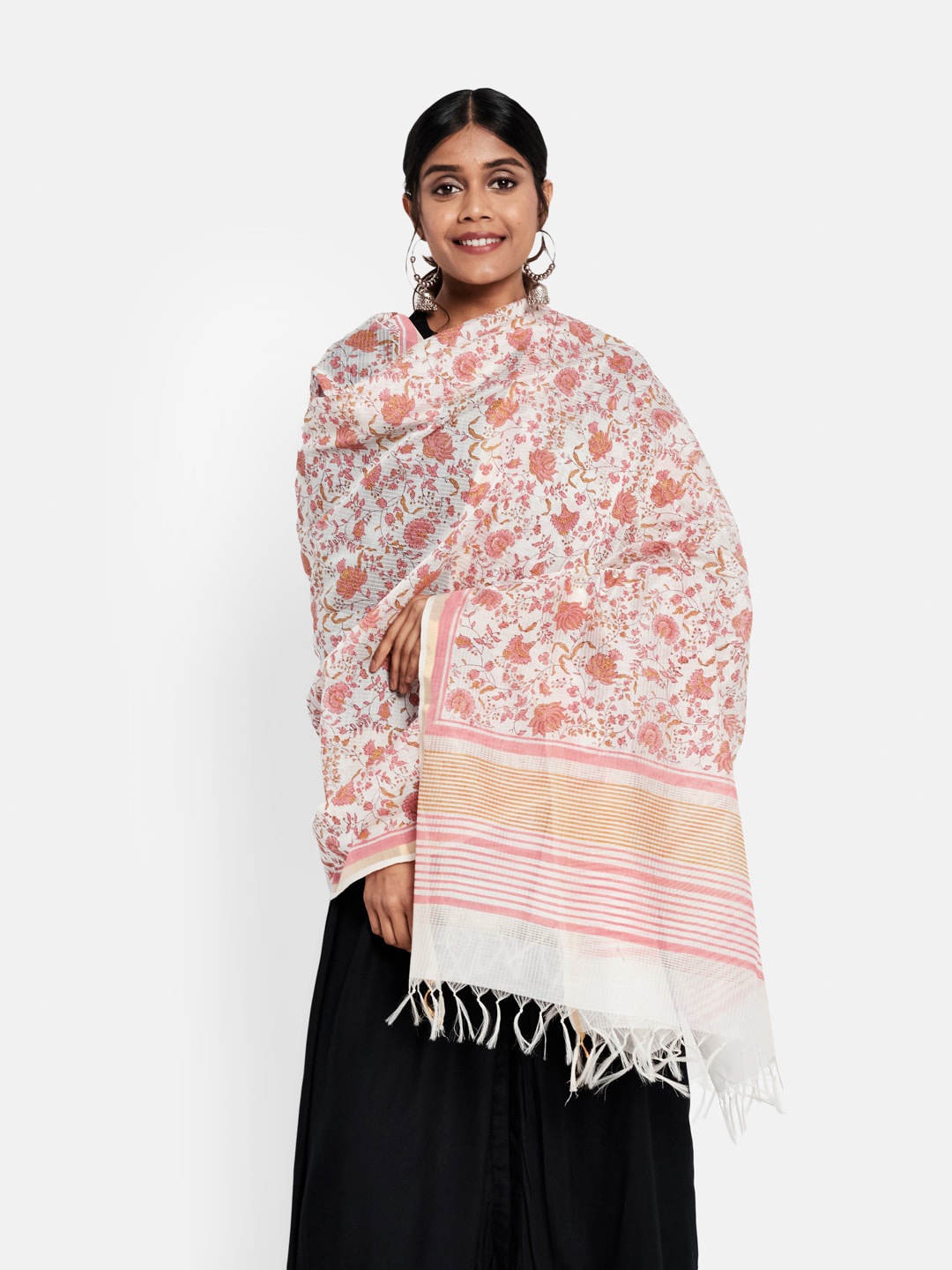 

Fabindia Pink & White Printed Cotton Silk Block Print Dupatta with Zari
