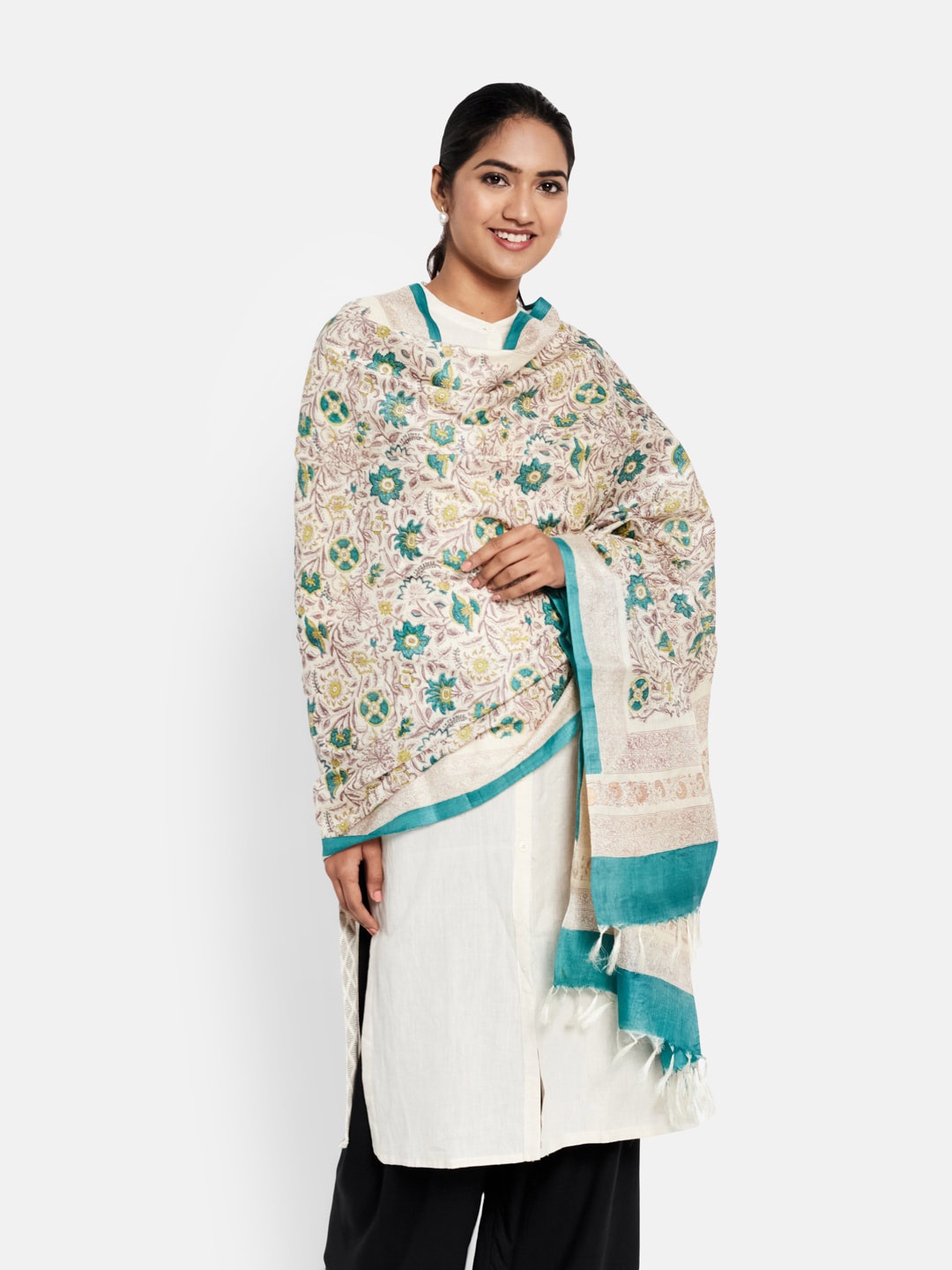 

Fabindia Teal & Cream-Coloured Printed Pure Silk Block Print Dupatta