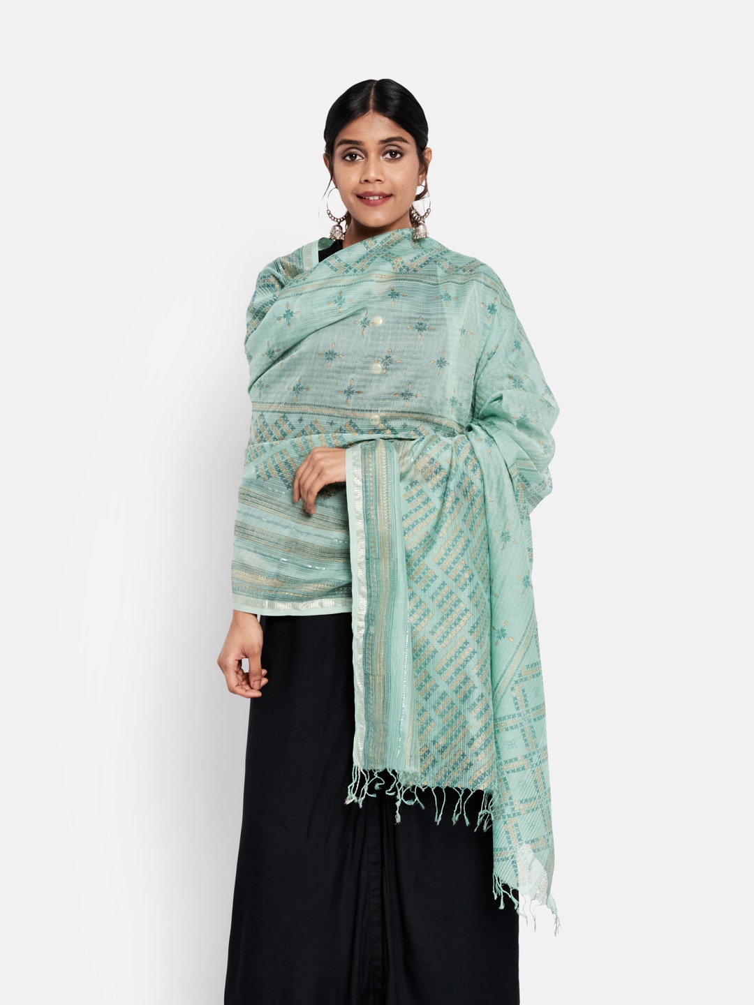 

Fabindia Turquoise Blue & Gold-Toned Hand Block Printed Cotton Silk Dupatta