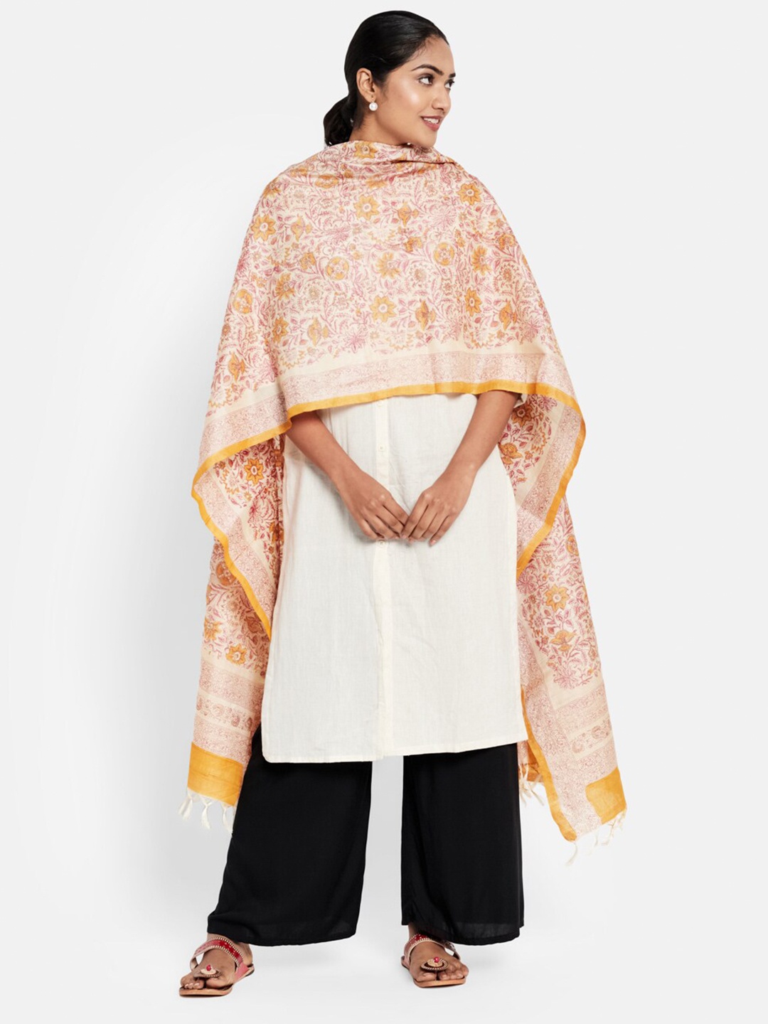 

Fabindia Yellow & Pink Printed Pure Silk Block Print Dupatta