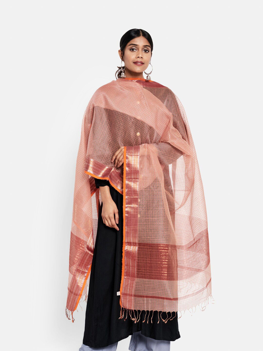 

Fabindia Pink & Red Woven Design Cotton Silk Maheshwari Dupatta with Zari