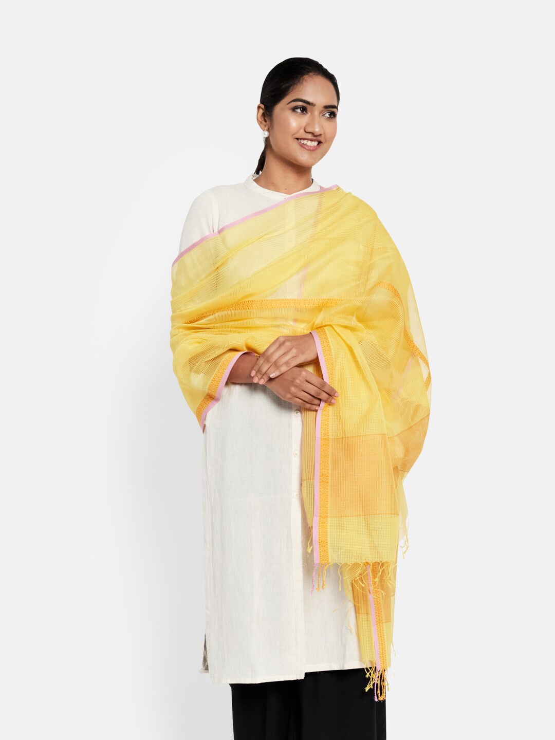 

Fabindia Yellow & Pink Checked Cotton Silk Dupatta