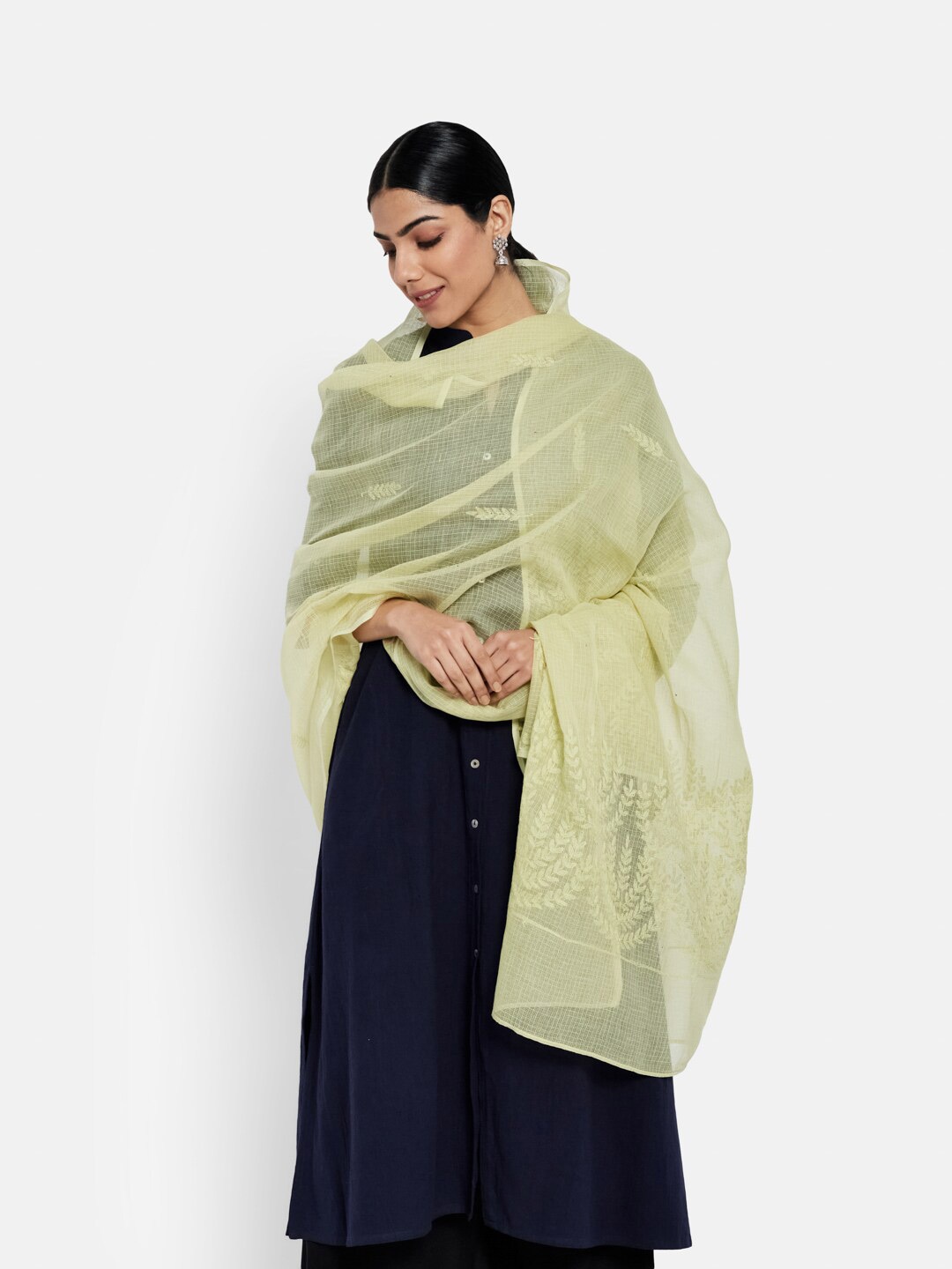 

Fabindia Lime Green Ethnic Motifs Chikankari Embroidered Cotton Silk Dupatta