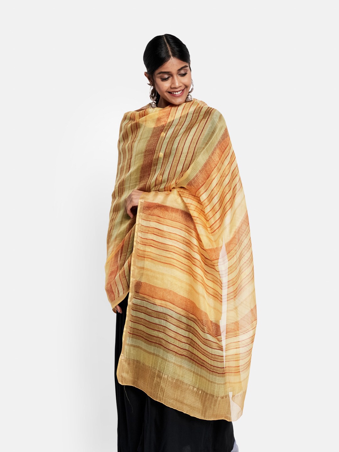

Fabindia Yellow & Orange Striped Pure Silk Dupatta