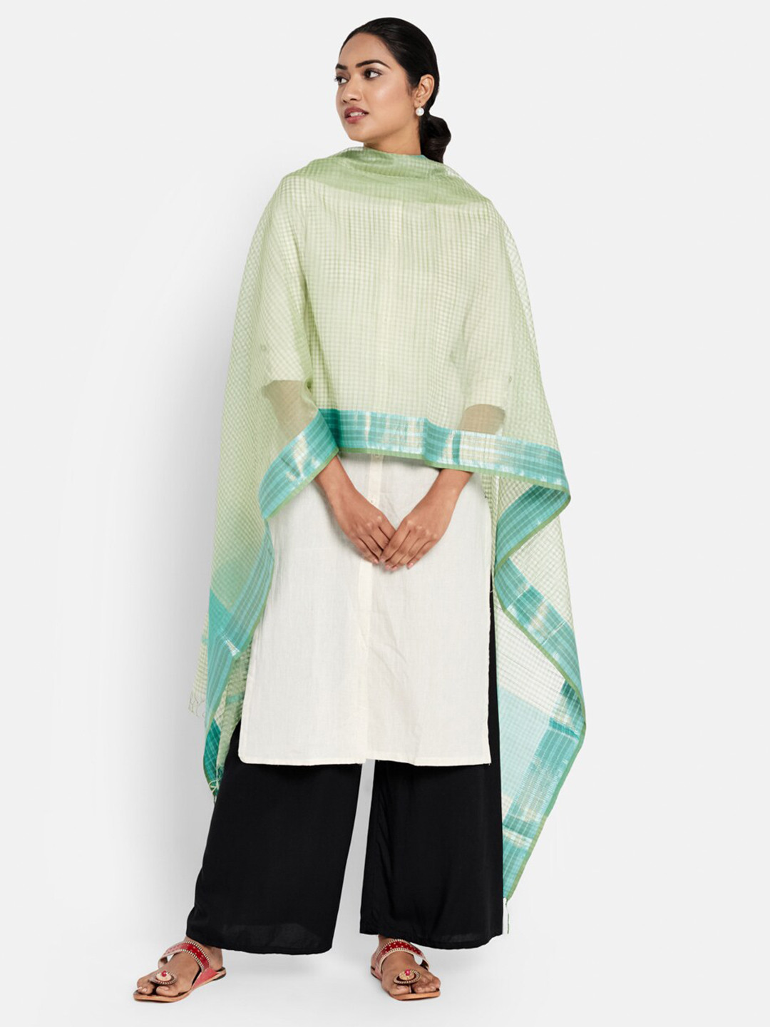 

Fabindia Women Green & Blue Woven Design Cotton Silk Dupatta