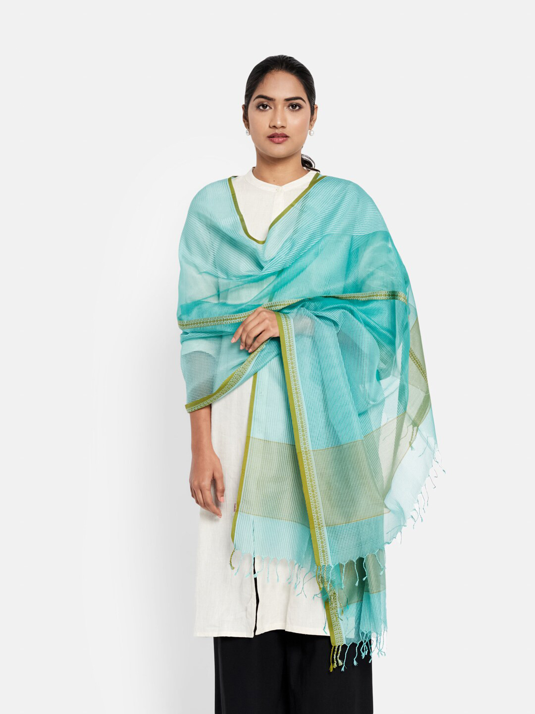 

Fabindia Turquoise Blue & Green Printed Cotton Silk Dupatta