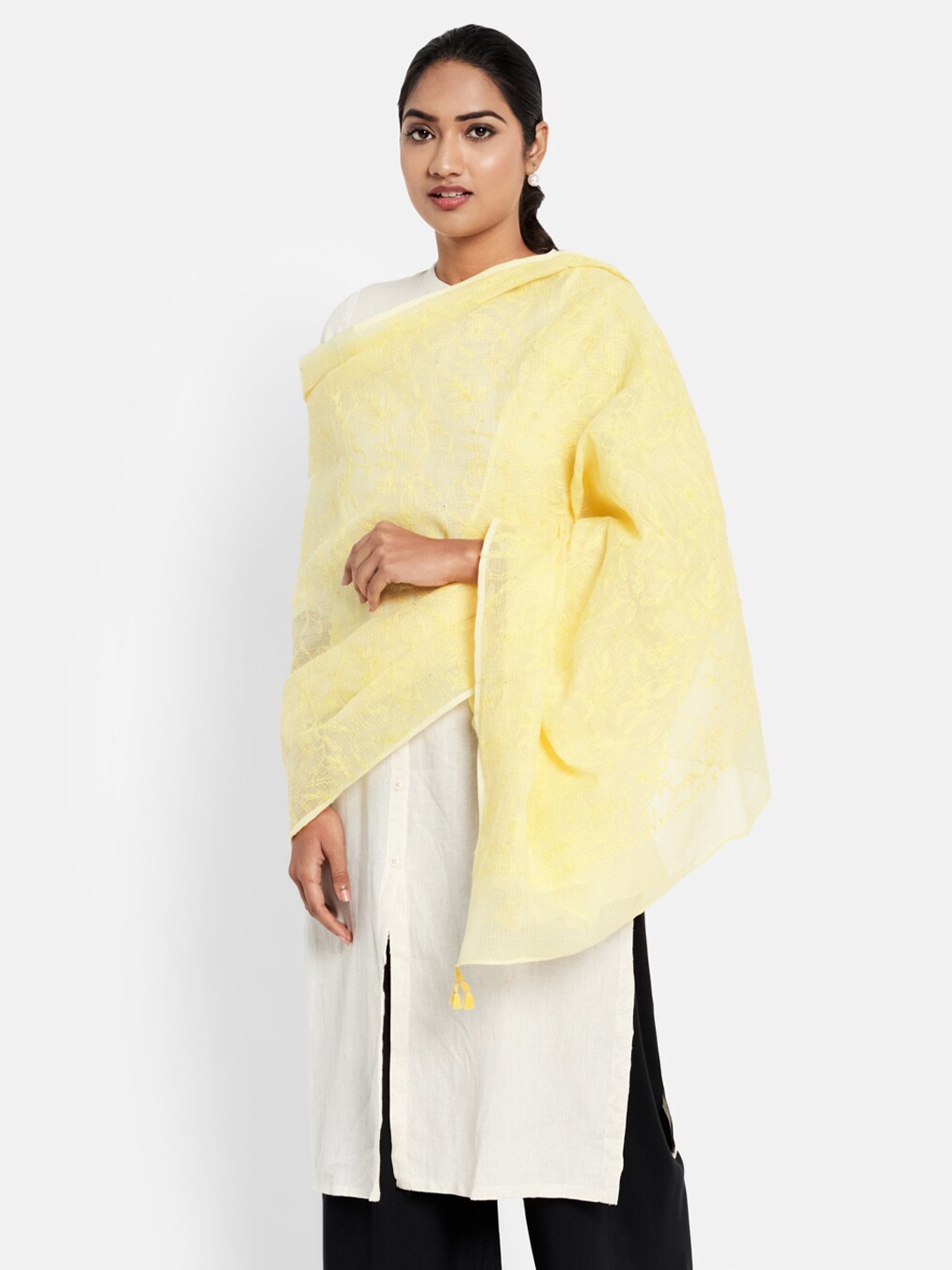 

Fabindia Yellow Chikankari Embroidered Cotton Silk Dupatta