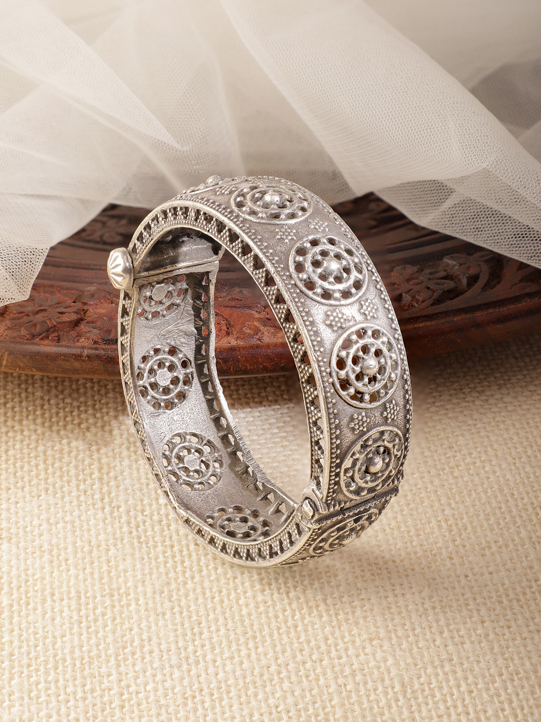 

Rubans Oxidised Silver Plated in Antique Silver Tone Handcrafted Bangle-Style Bracelet