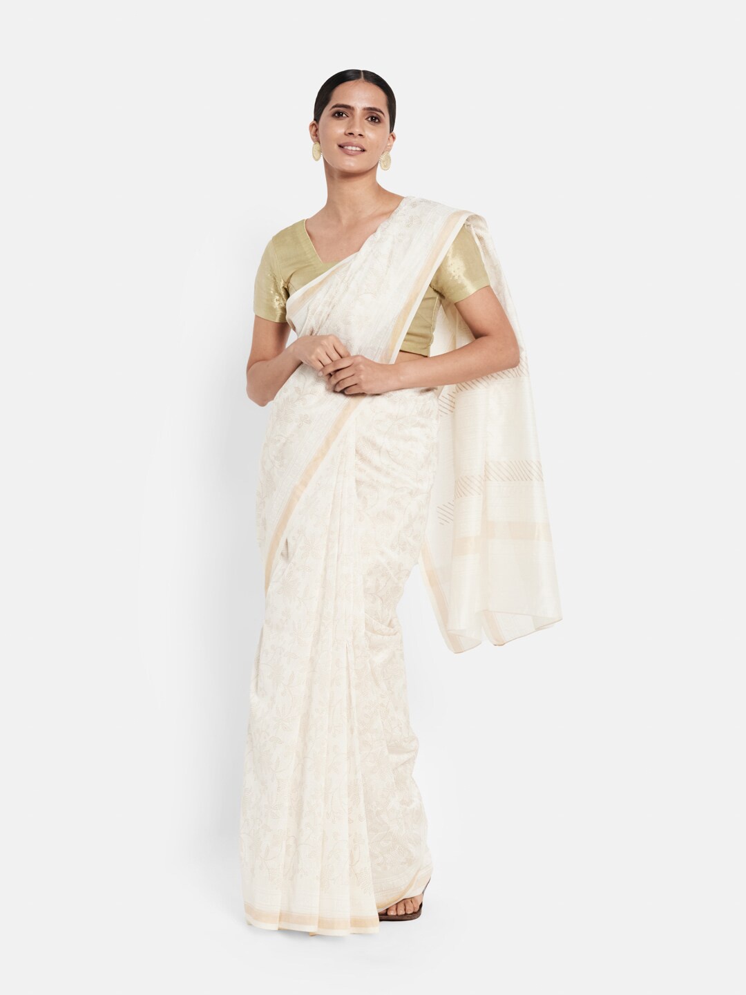

Fabindia Off White & Gold-Toned Floral Silk Cotton Saree