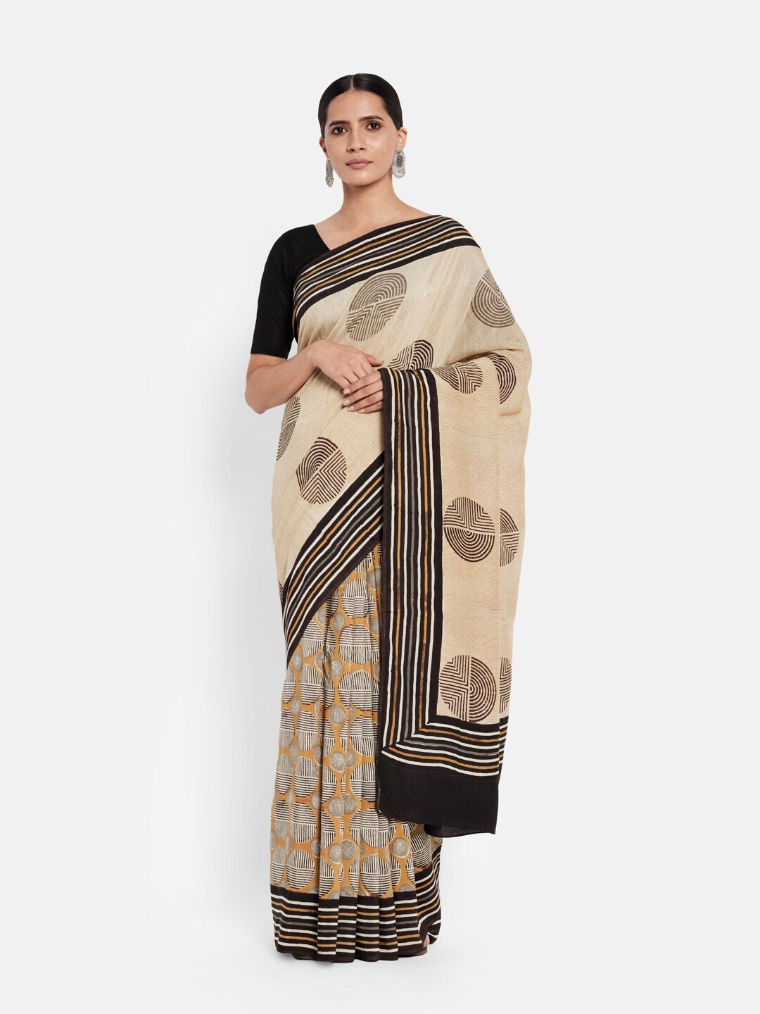 

Fabindia Mustard & Black Hand Block Printed Saree