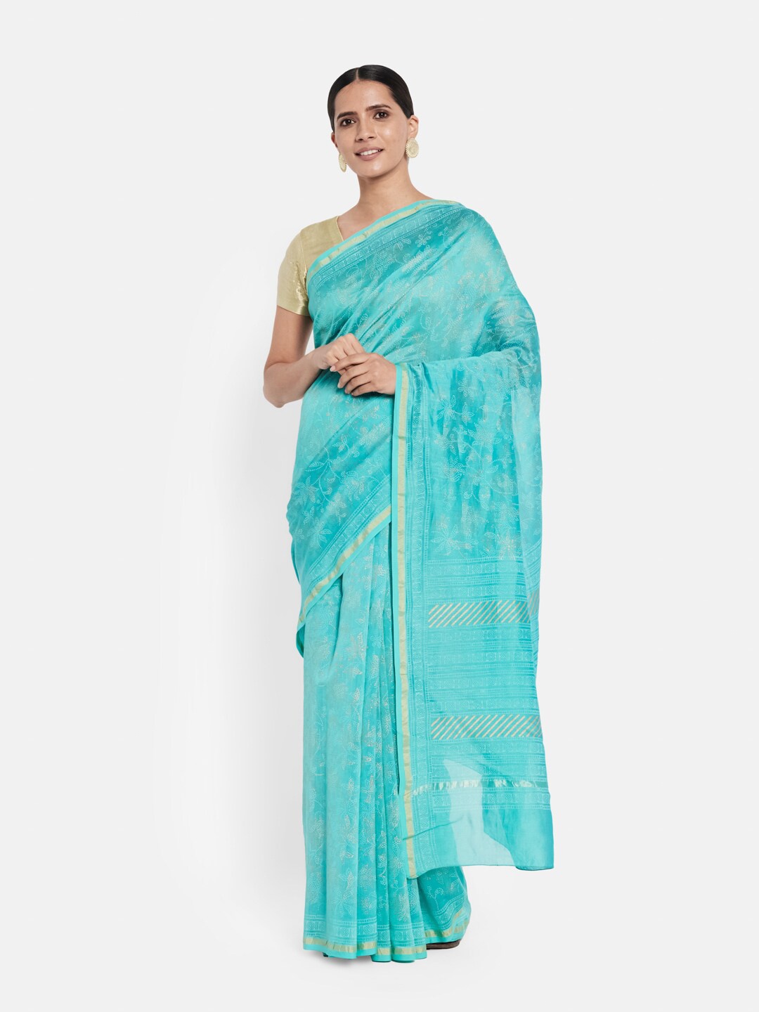 

Fabindia Turquoise Blue & Gold-Toned Floral Zari Silk Cotton Saree