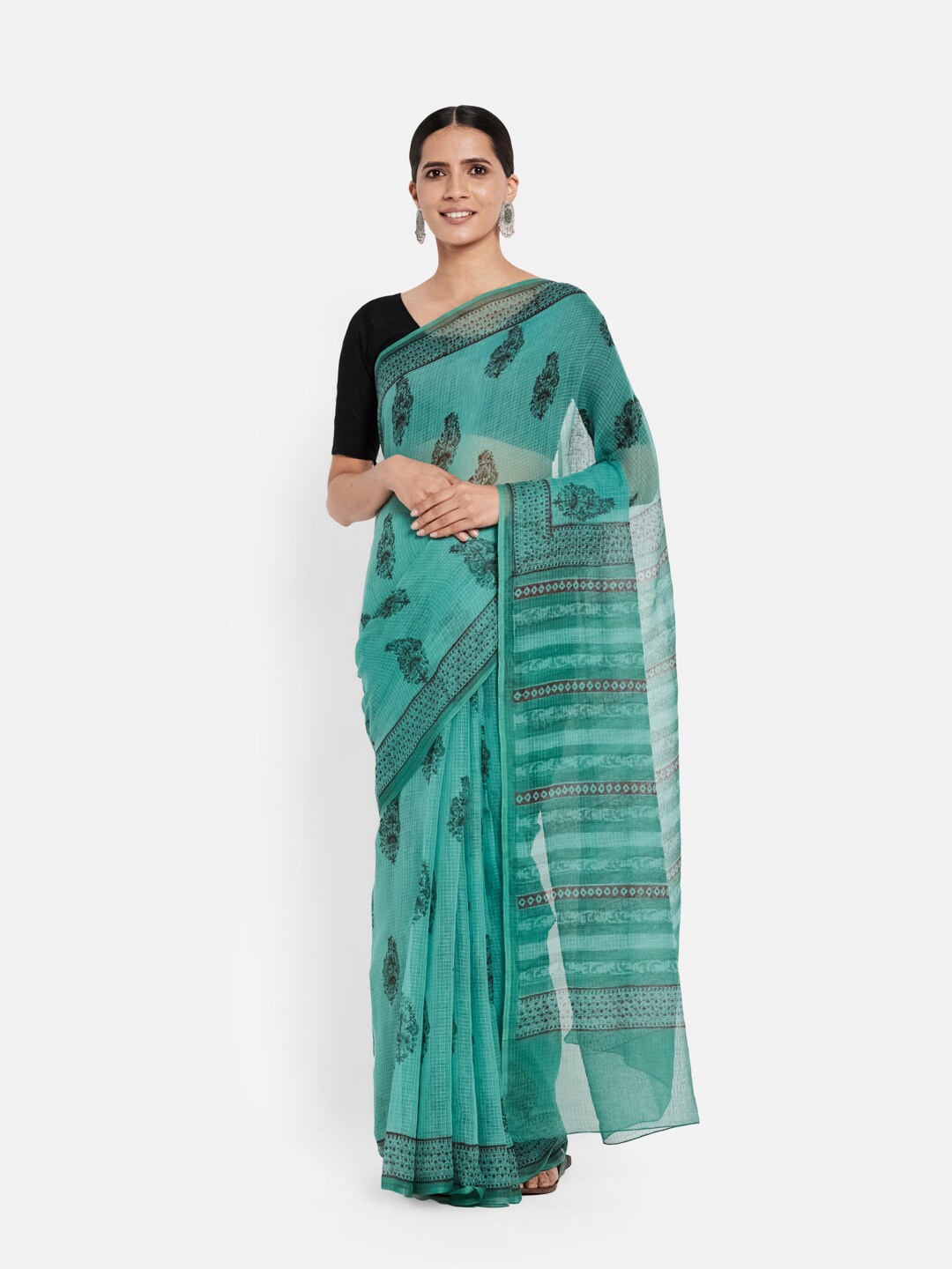 

Fabindia Turquoise Blue & Black Floral Printed Silk Cotton Saree