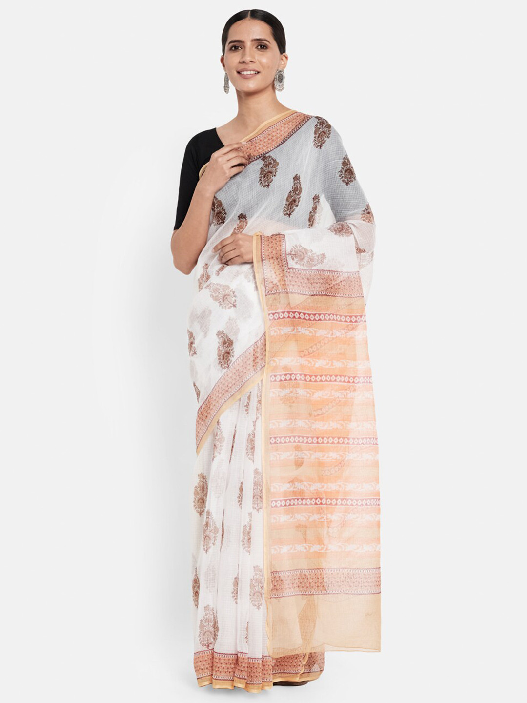 

Fabindia Off White & Brown Ethnic Motifs Silk Cotton Saree