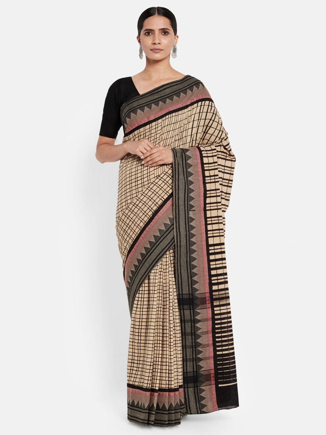 

Fabindia Beige & Black Checked Pure Cotton Saree