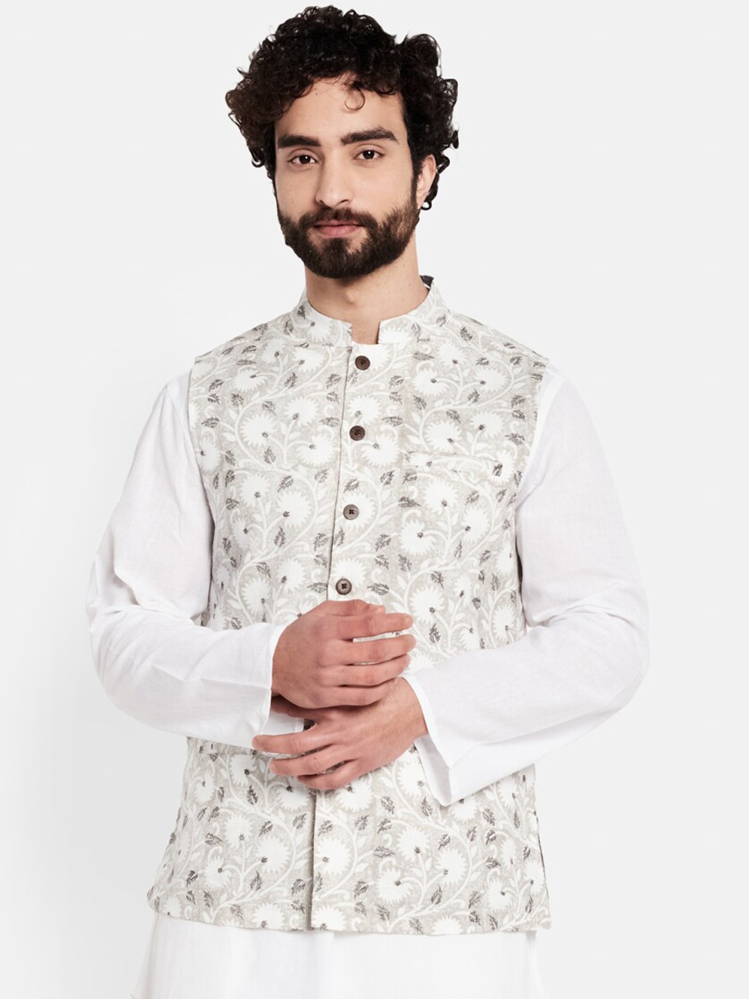 

Fabindia Men White & Grey Block Printed Pure Cotton Woven Nehru Jacket