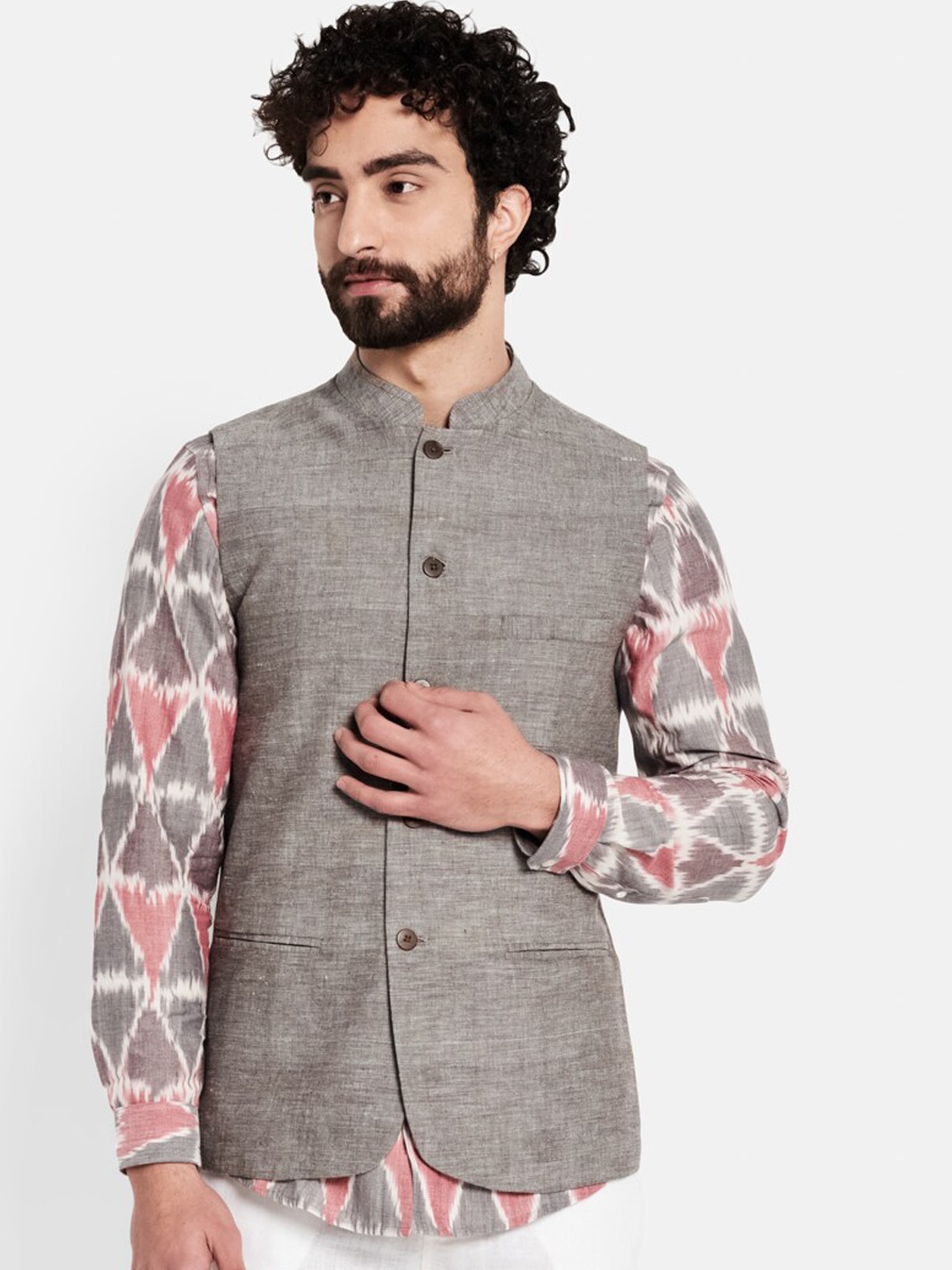 

Fabindia Men Grey Solid Pure Cotton Woven Nehru Jacket