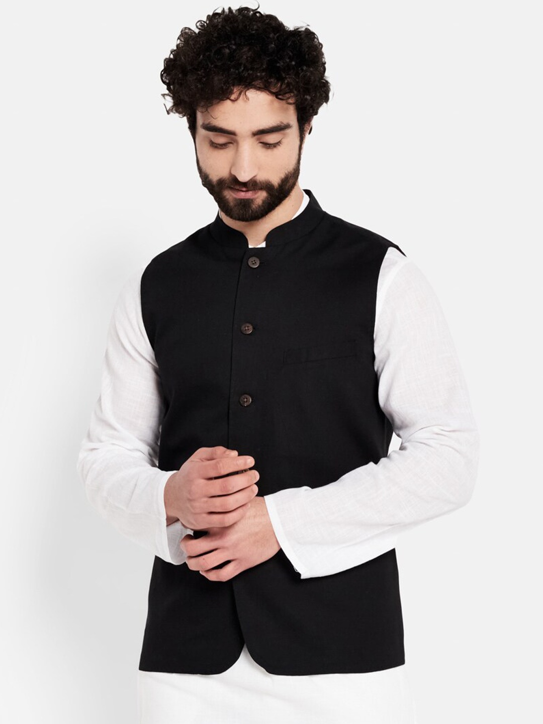 

Fabindia Men Black Solid Cotton Nehru Jacket