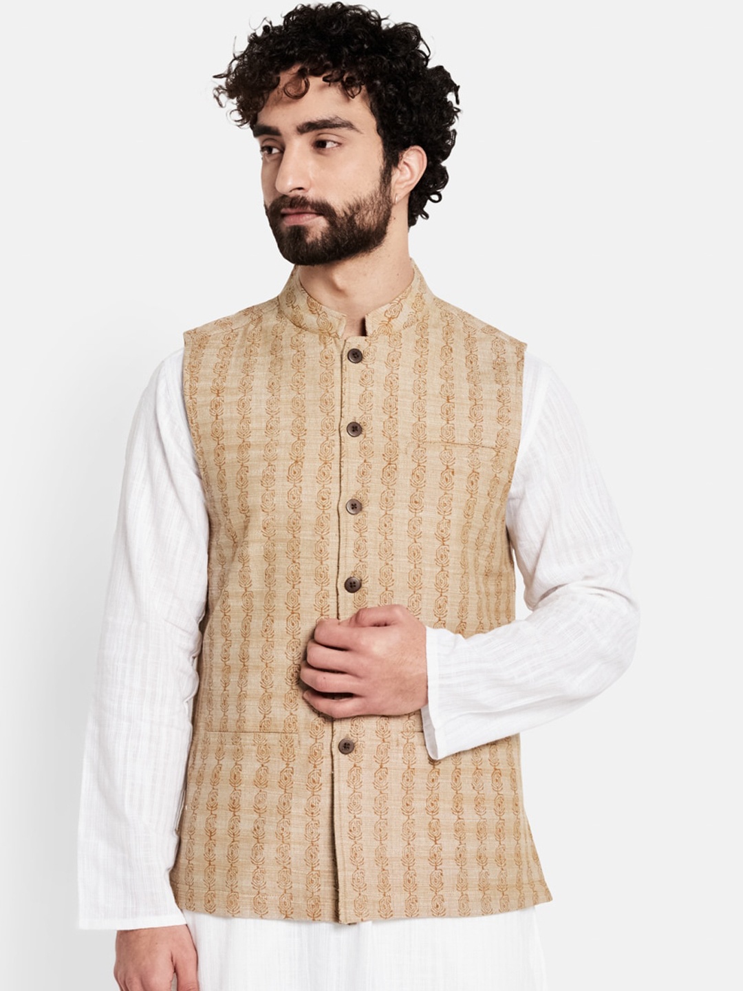 

Fabindia Men Beige Printed Pure Cotton Nehru Jacket