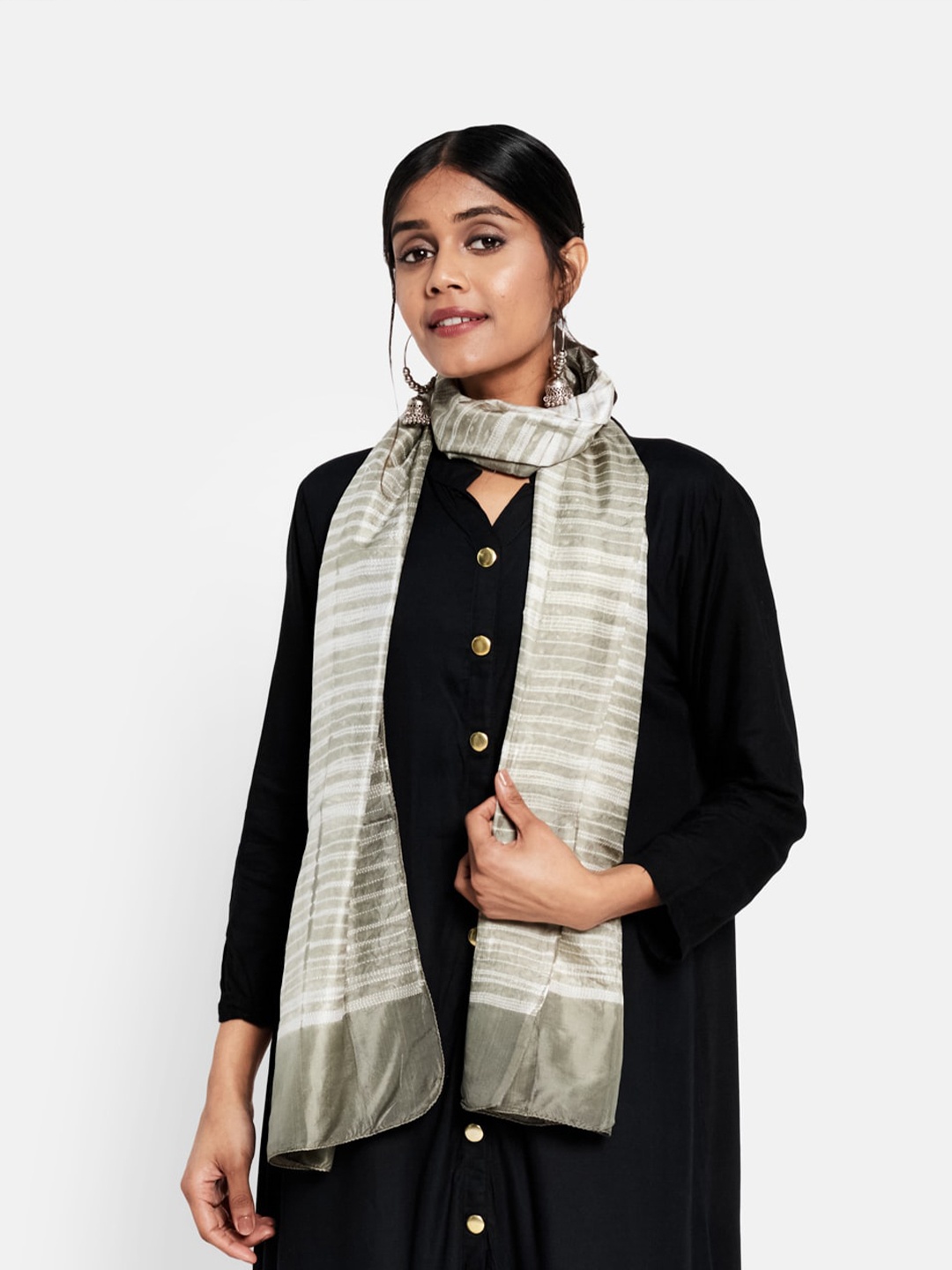 

Fabindia Women Beige & White Striped Silk Shibori Stole