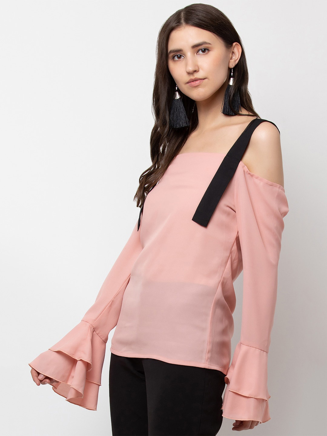 

DODO & MOA Women Peach-Coloured & Black Solid Shoulder Strap Crepe Regular Top