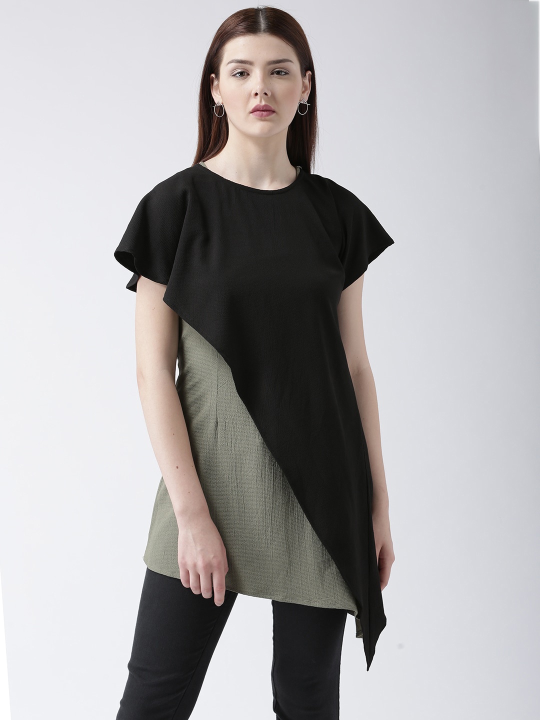 

DODO & MOA Women Olive Green & Black Colourblocked Longline Top