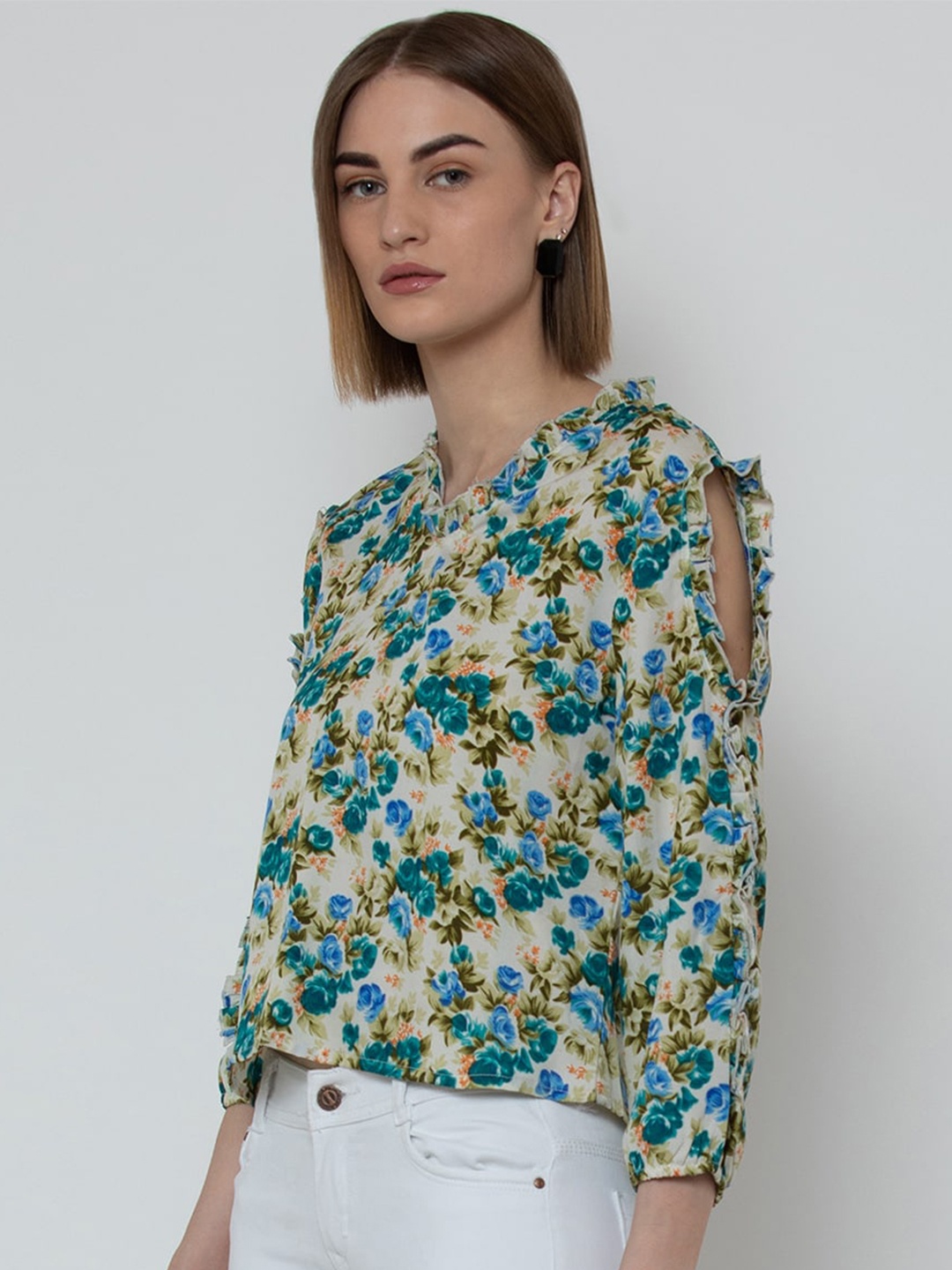 

DODO & MOA Beige & Blue Floral Print Blouson Top