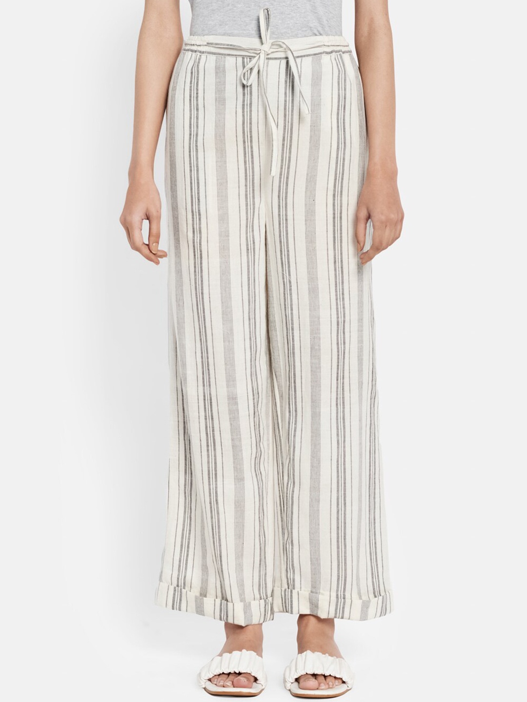 

Fabindia Women White Striped Relaxed Cotton Trousers
