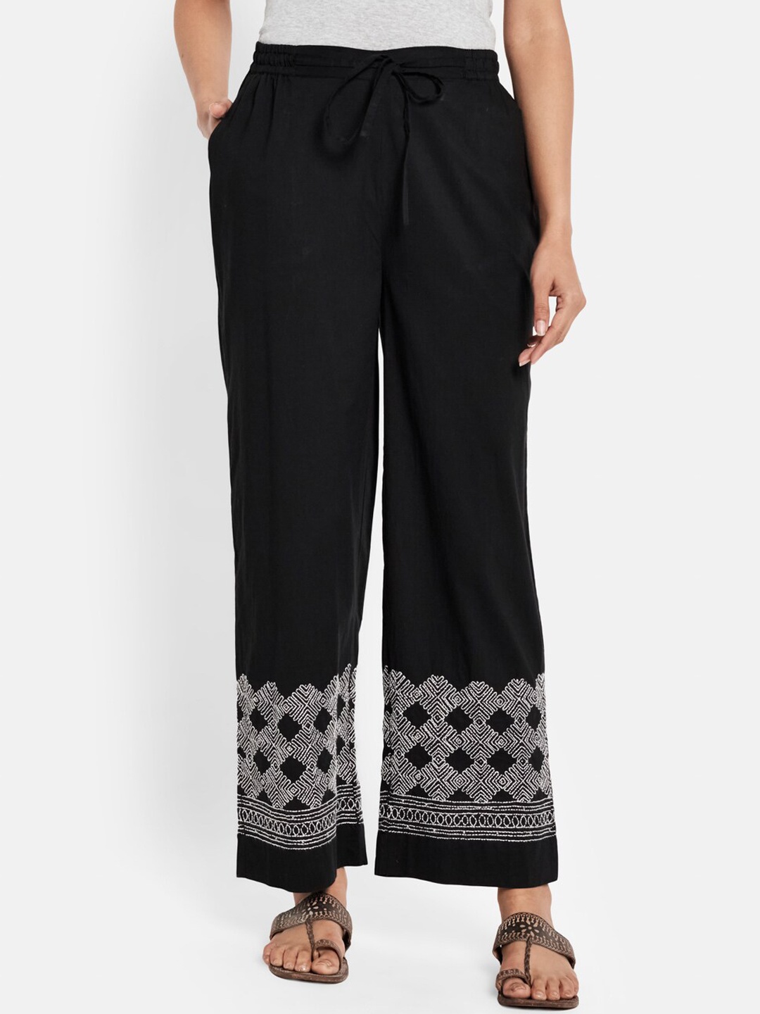 

Fabindia FabBasic Women Black Abstract Printed Chikankari Relaxed Trousers