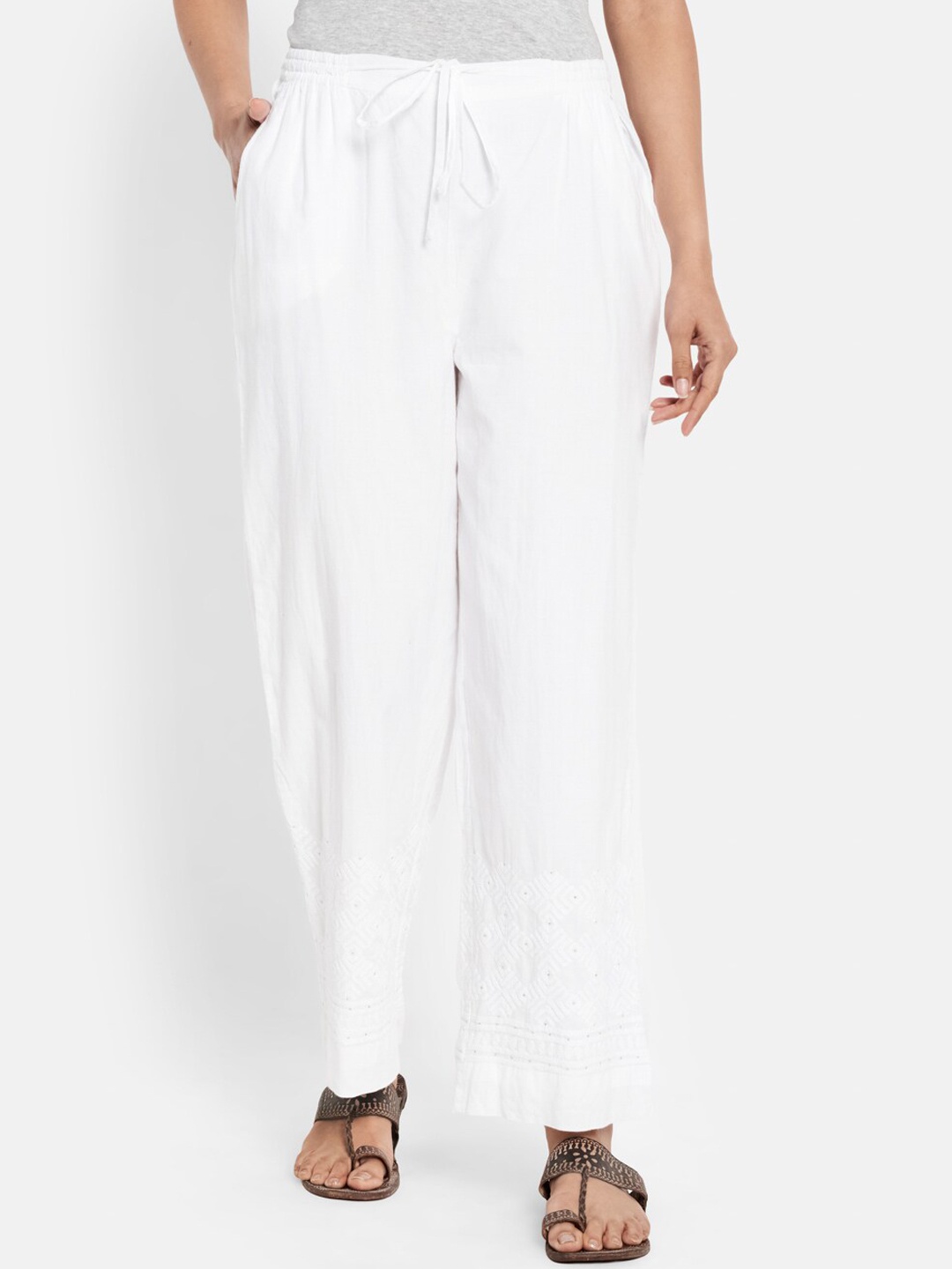 

Fabindia Women White Relaxed Straight Fit Trousers With Chikankari Hem