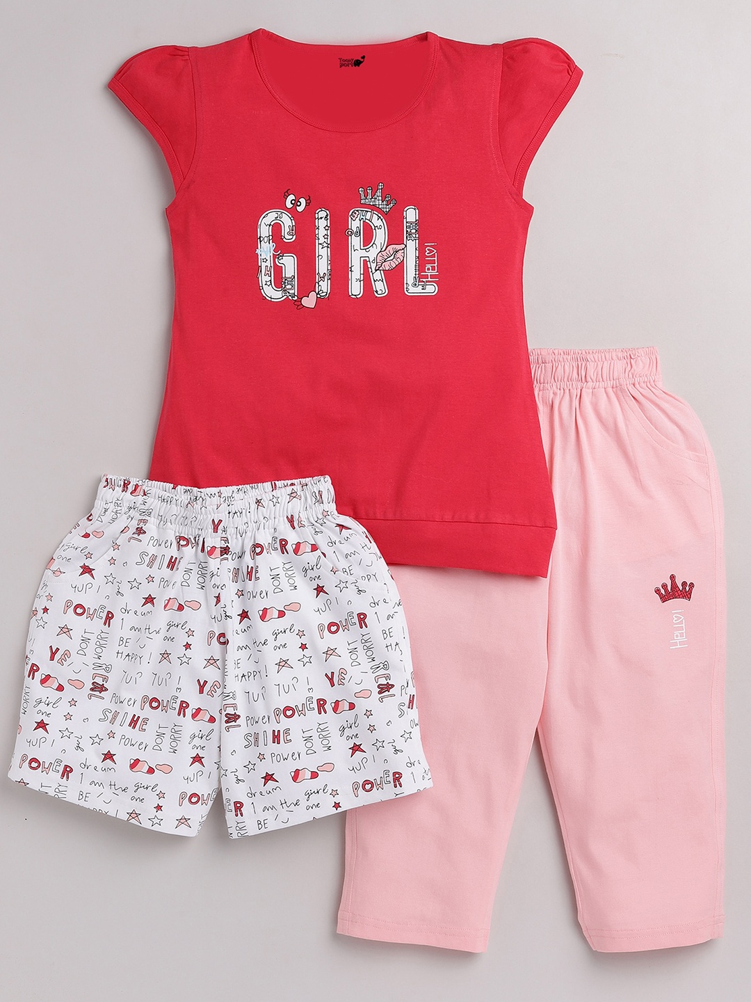

Toonyport Girls Red & Pink Printed Set of 3 clothing set Set