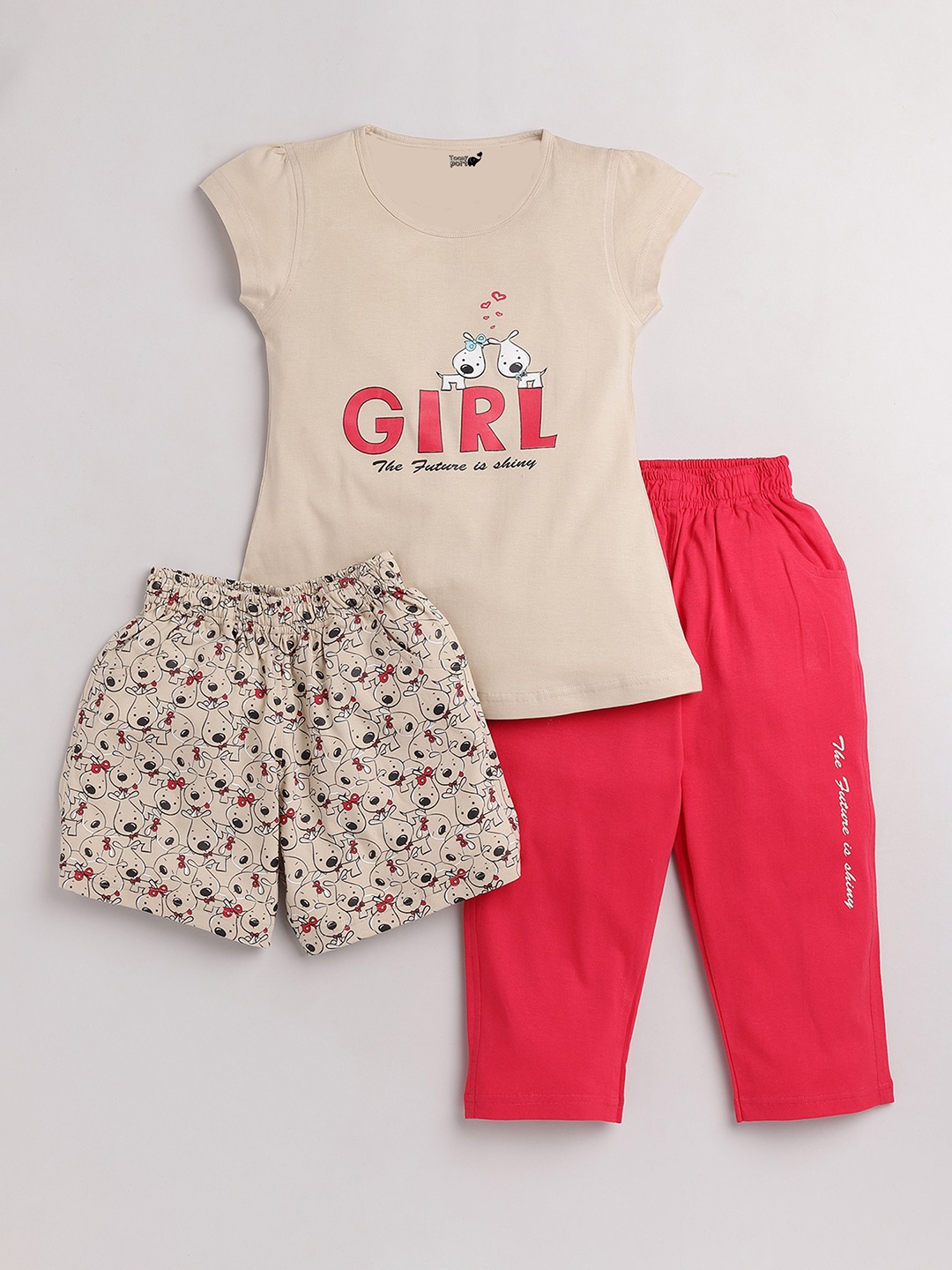

Toonyport Girls Cotton Beige & Red Printed Top with Capris & Shorts clothing set