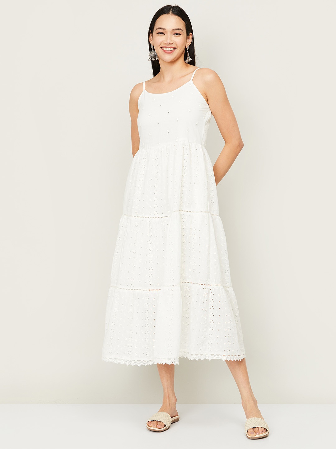 

Colour Me by Melange White Solid Schiffli Midi Fit & Flare Dress