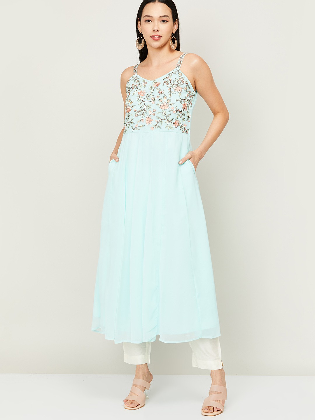 

Melange by Lifestyle Women Blue Floral Embroidered Kurta with Trousers & With Dupatta