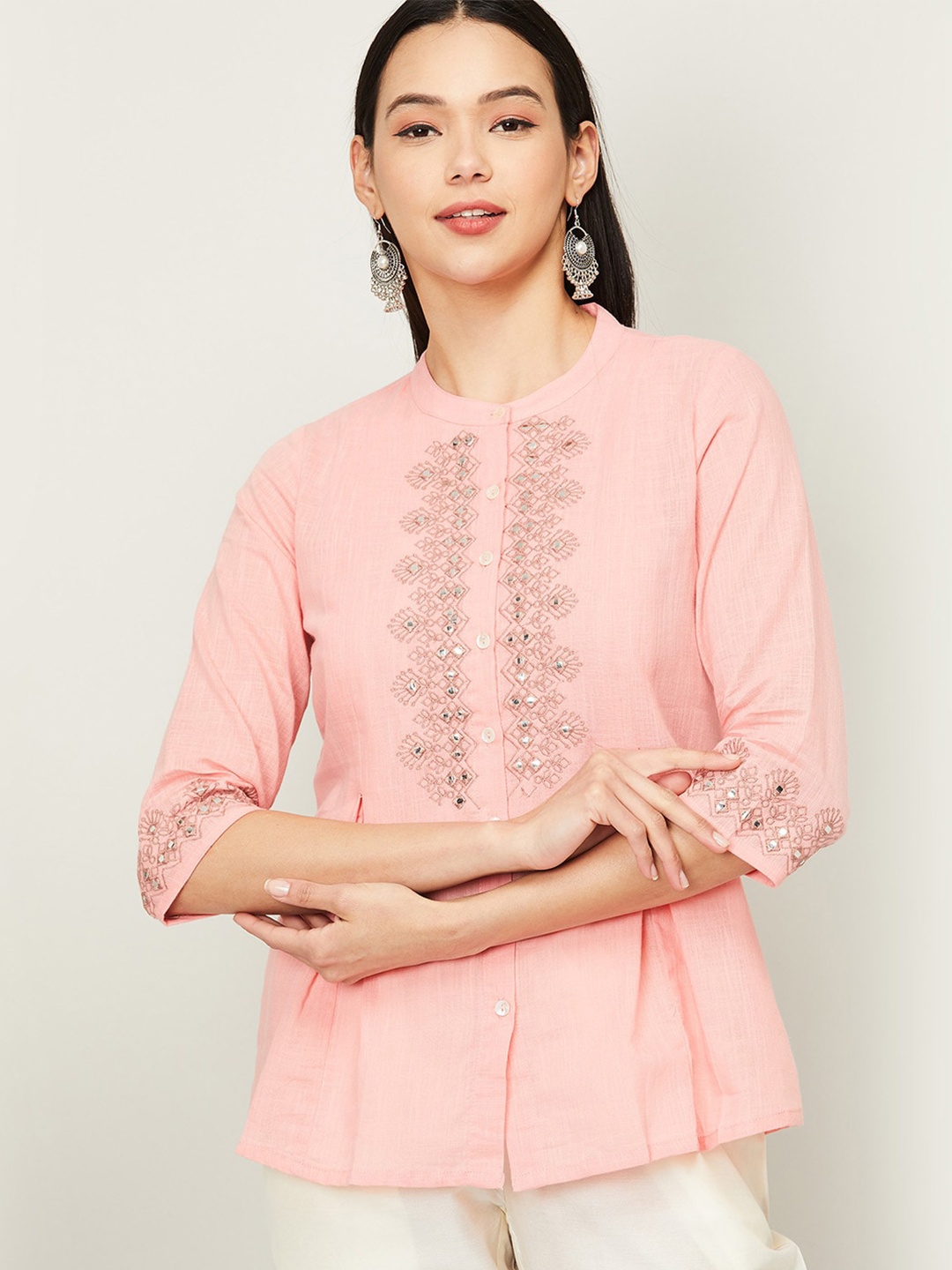 

Colour Me by Melange Pink Geometric Print Mandarin Collar Shirt Style Top