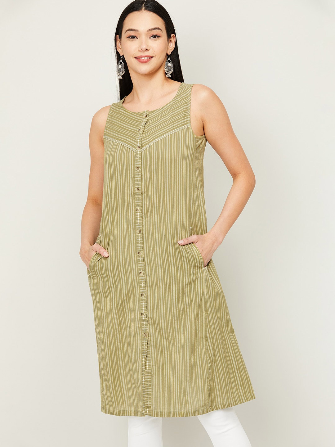 

Colour Me by Melange Women Olive Green Striped Sleeveless Tunic