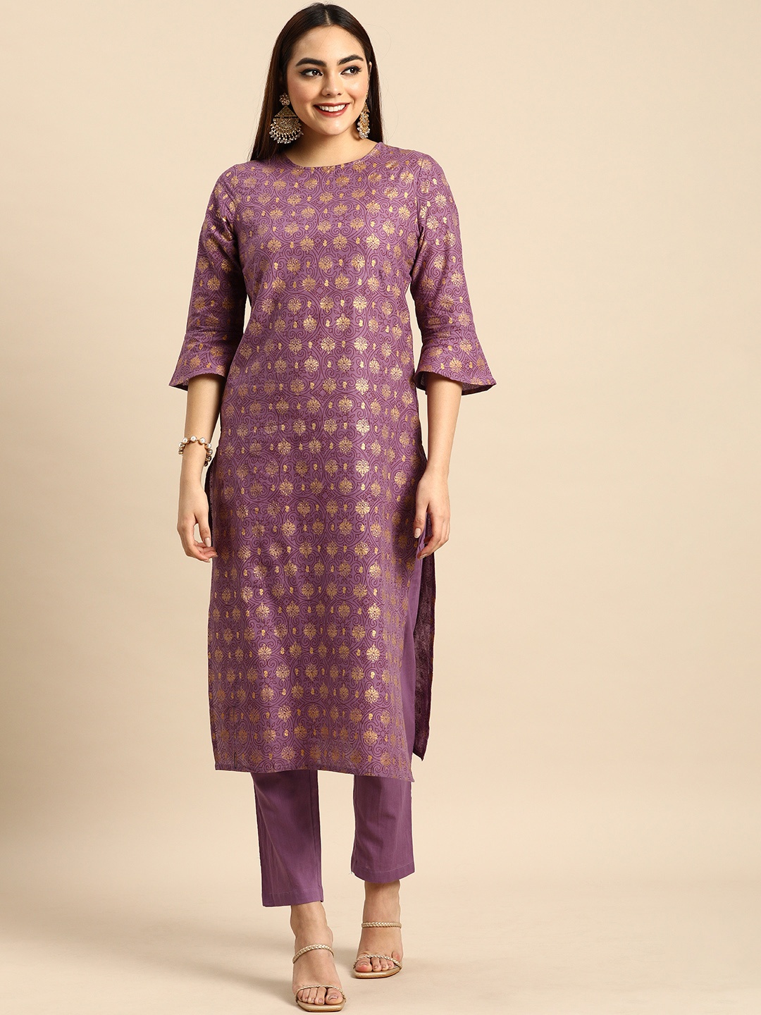 

Anouk Women PurplePrinted Pure Cotton Kurta with Trousers, Purple